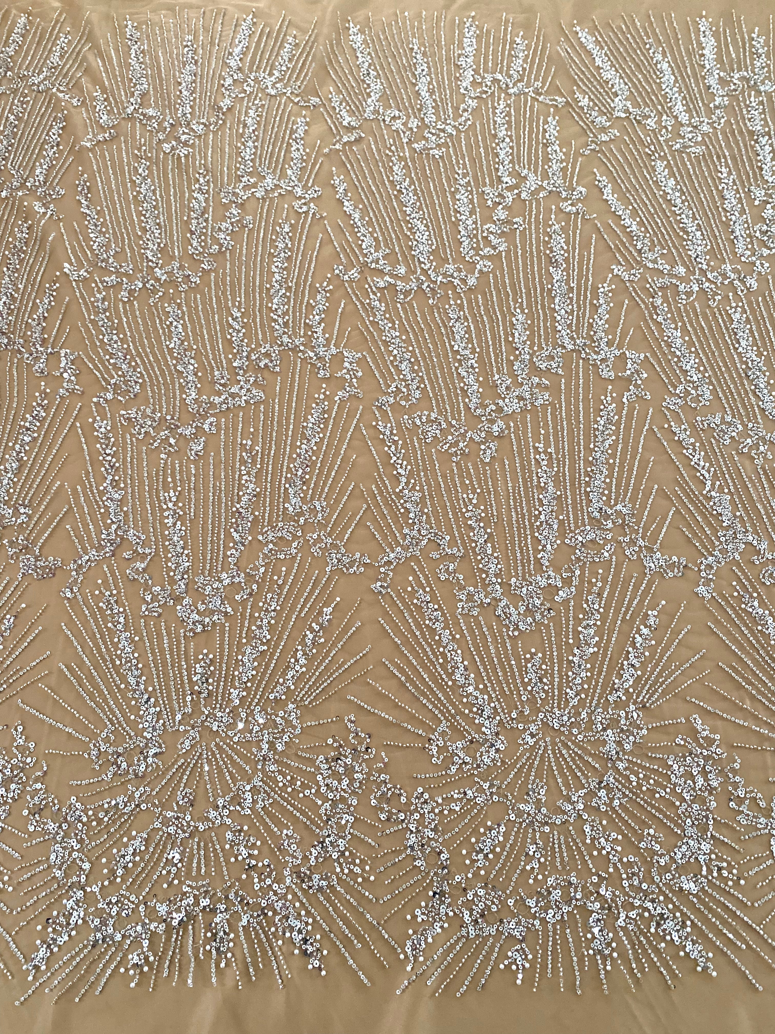0.9m Voucher of Silver Couture Lace on Champagne Tulle, with Symmetrical Pattern, with Beads and Sequins 