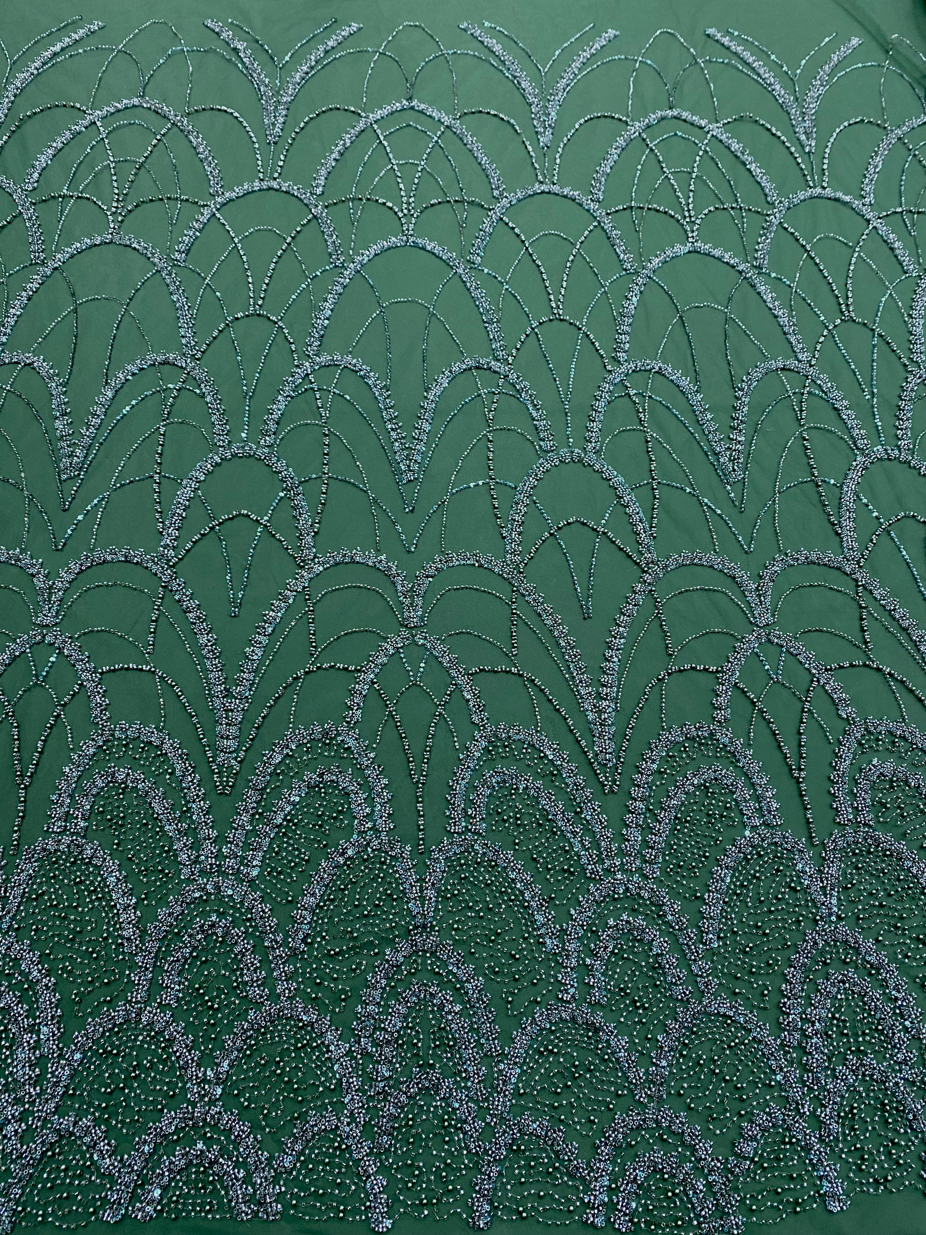 Dantela Couture Verde Smarald cu Model Geometric, cu Perle, Margele si Paiete