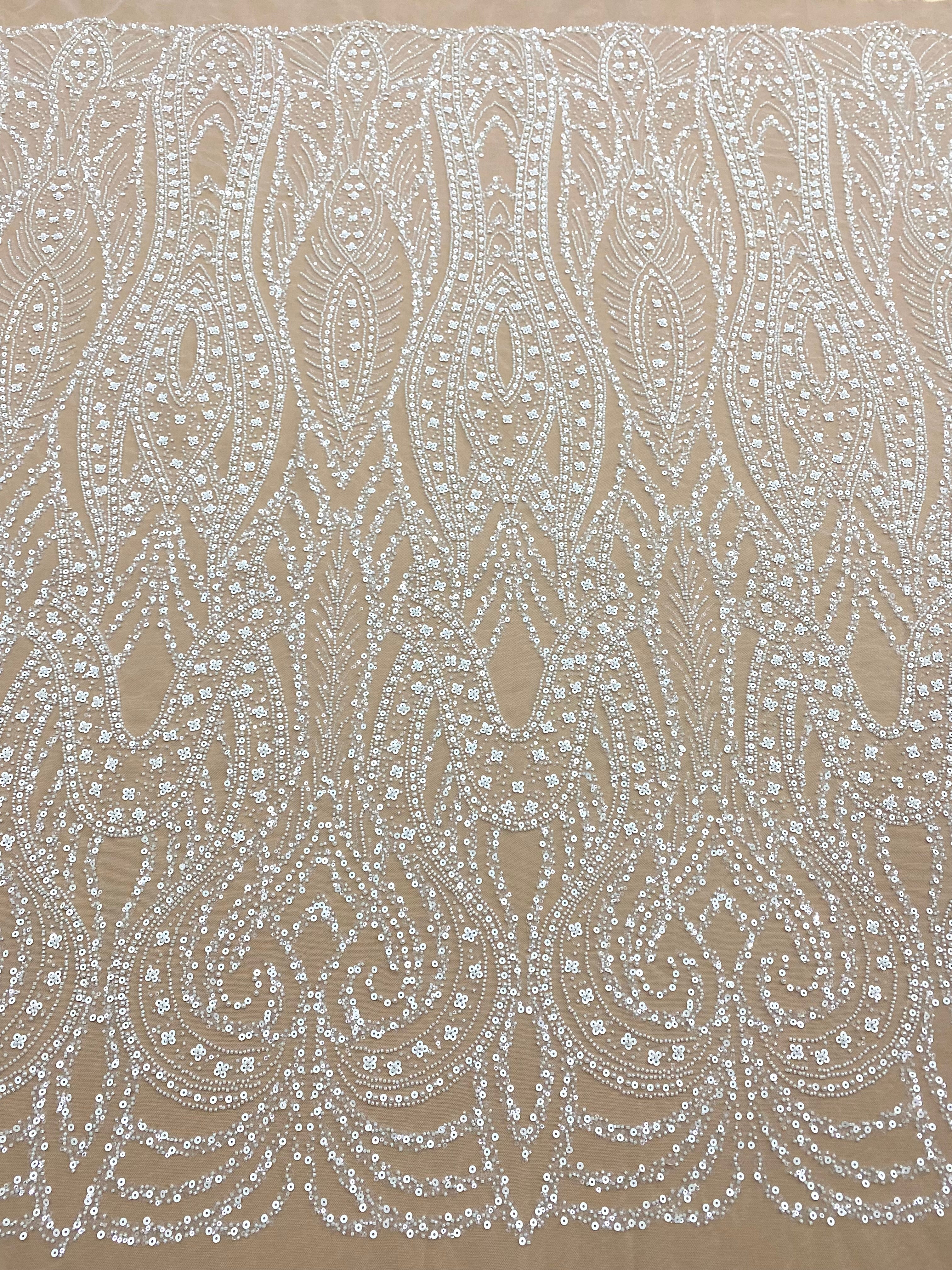 Dantela Couture Ivory cu Model Geometric, cu Perle, Margele si Paiete