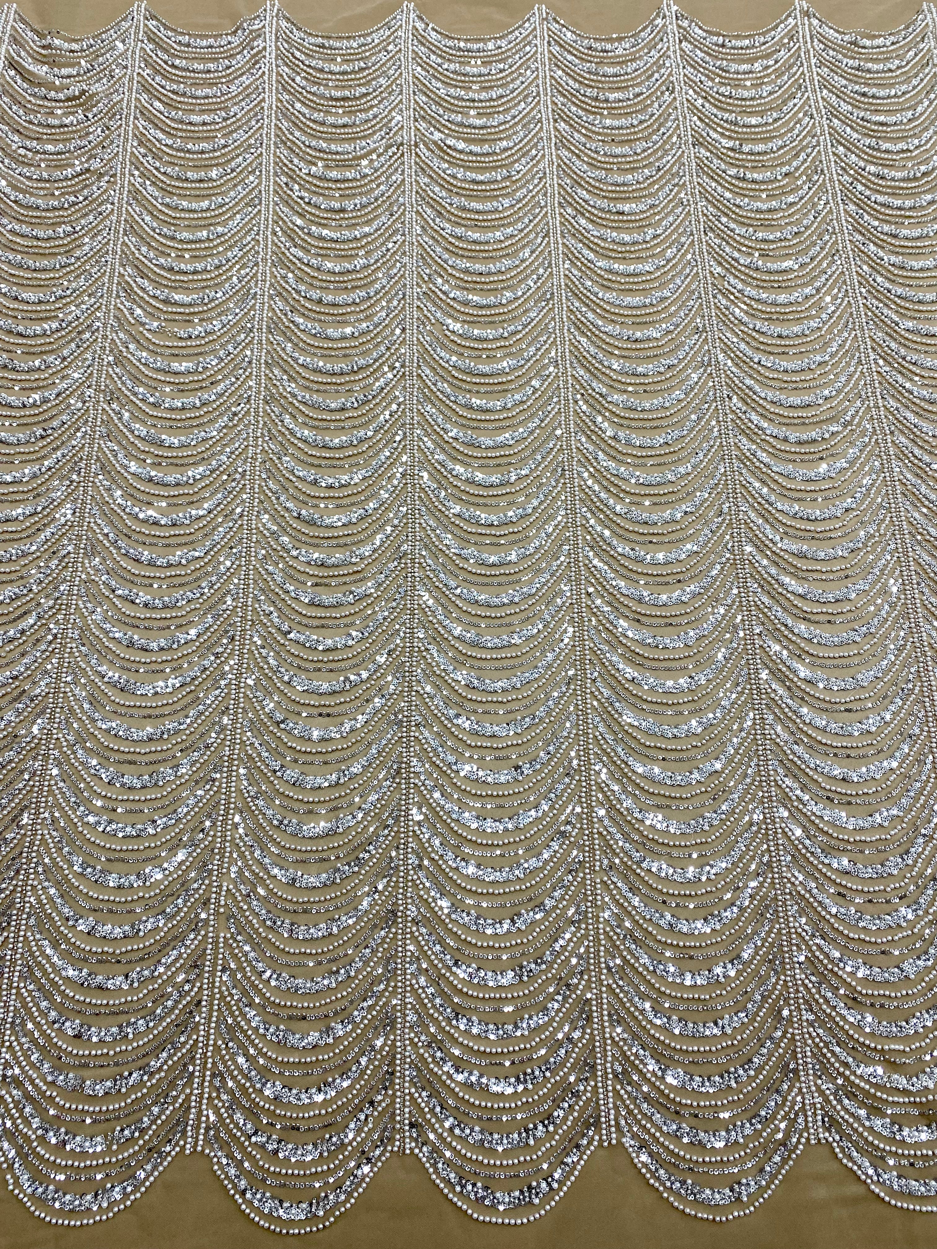 Silver Lace with Linear Pattern, with Pearls and Sequins