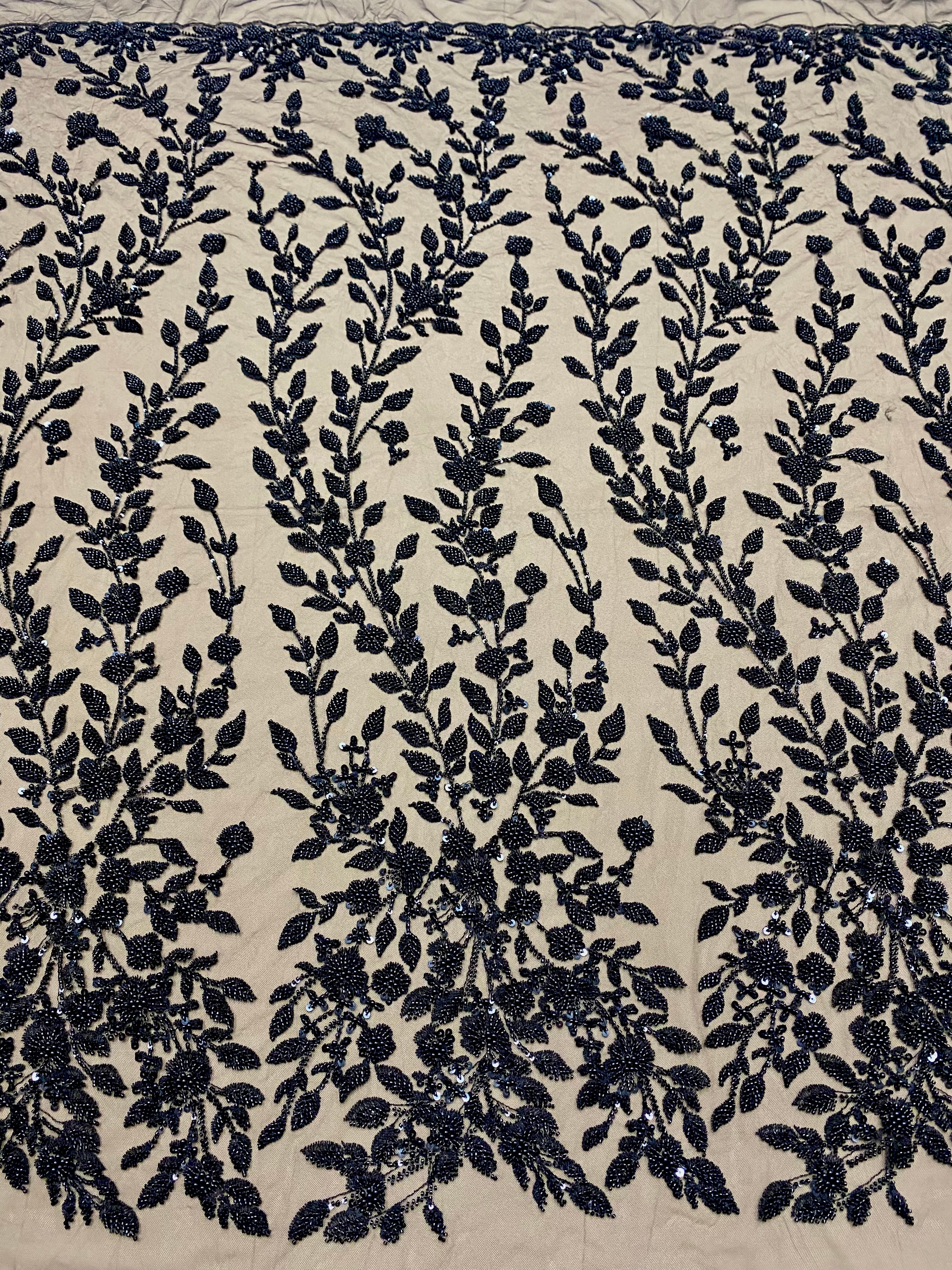 Dantela Couture Neagra cu Model Floral, Perle, Margele si Paiete