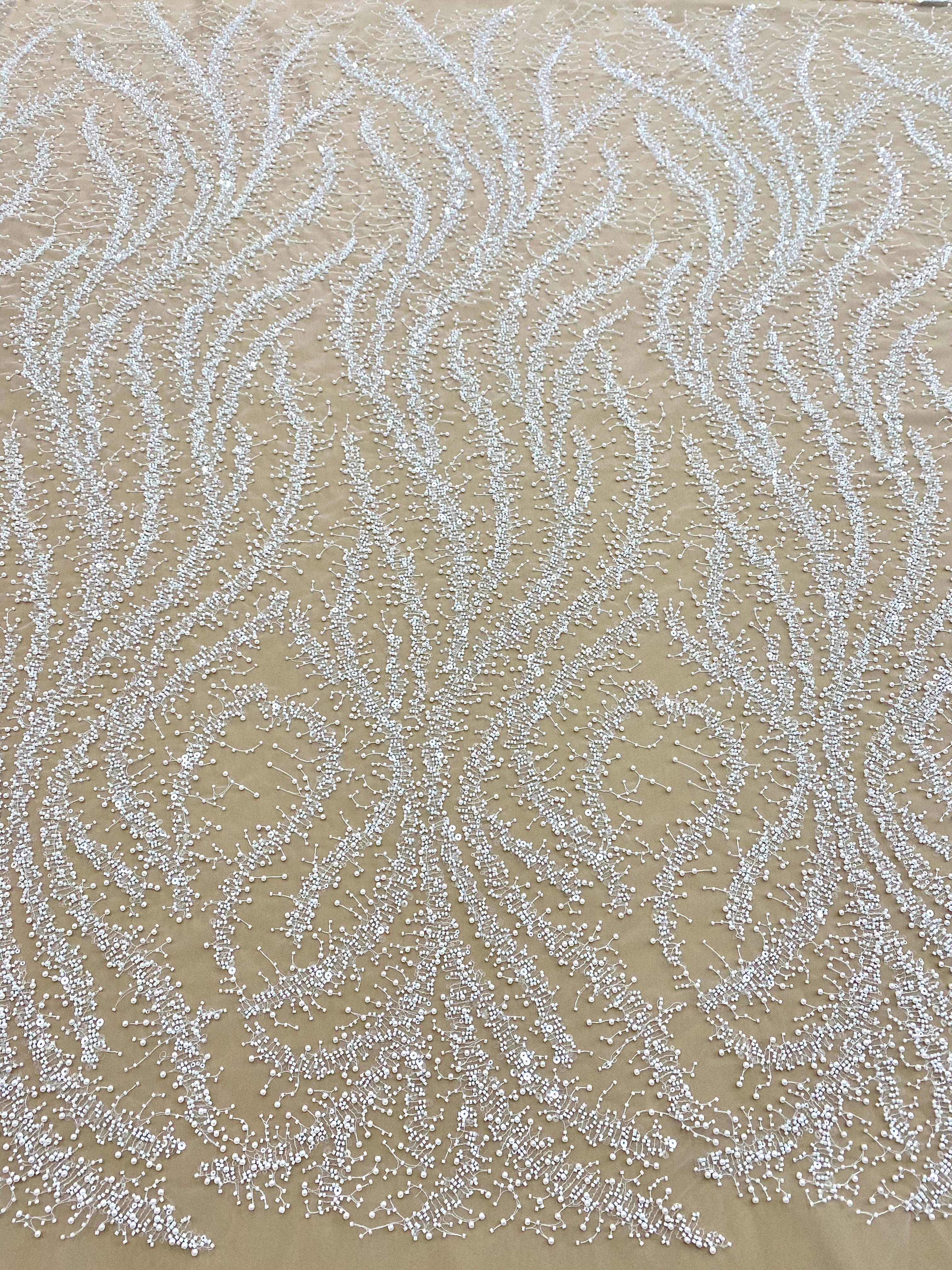 Silver Lace with Nude Tulle with Linear Pattern, Beads and Sequins