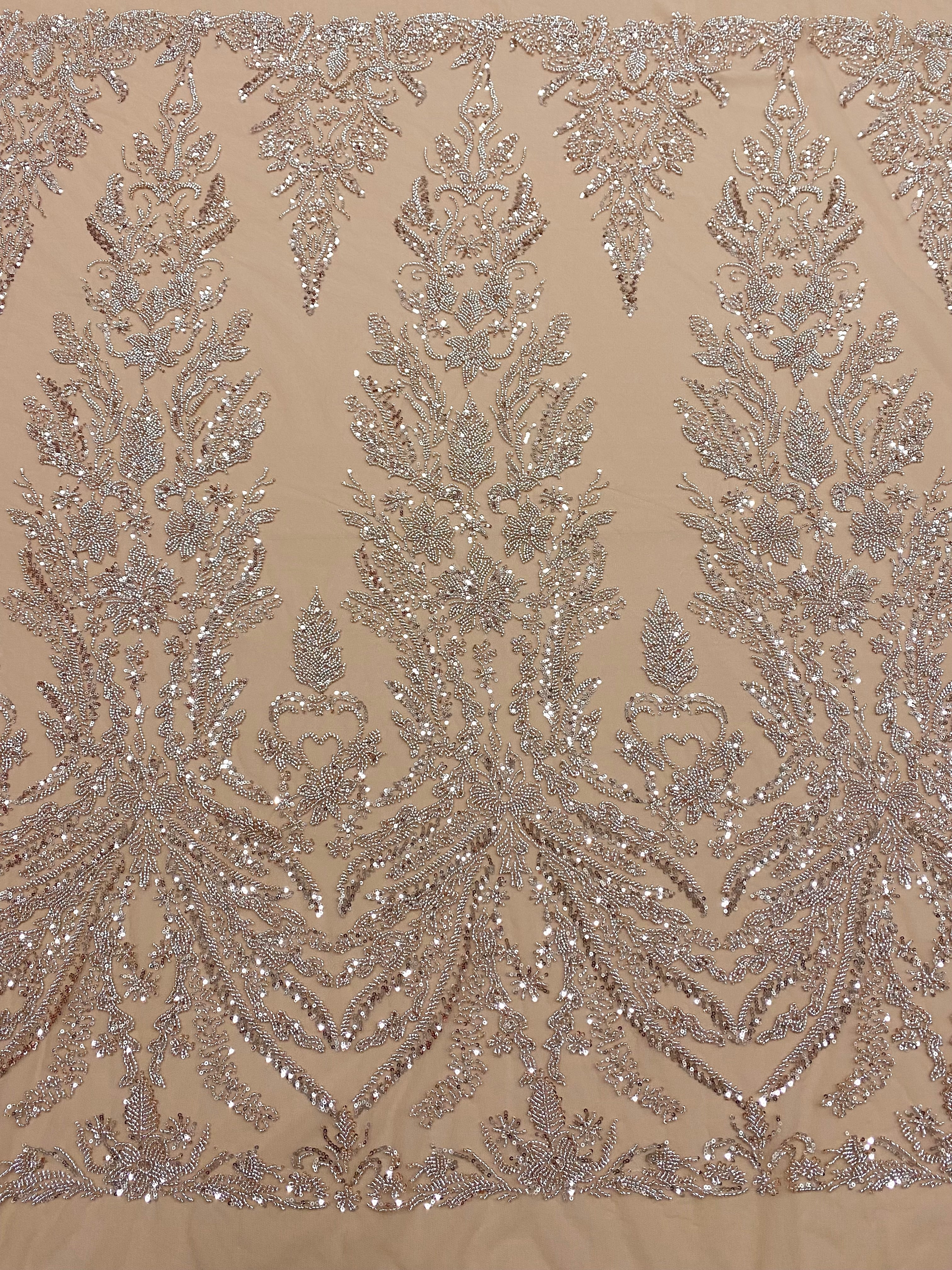 Rose Gold Couture Lace with Floral Pattern, Beads and Sequins