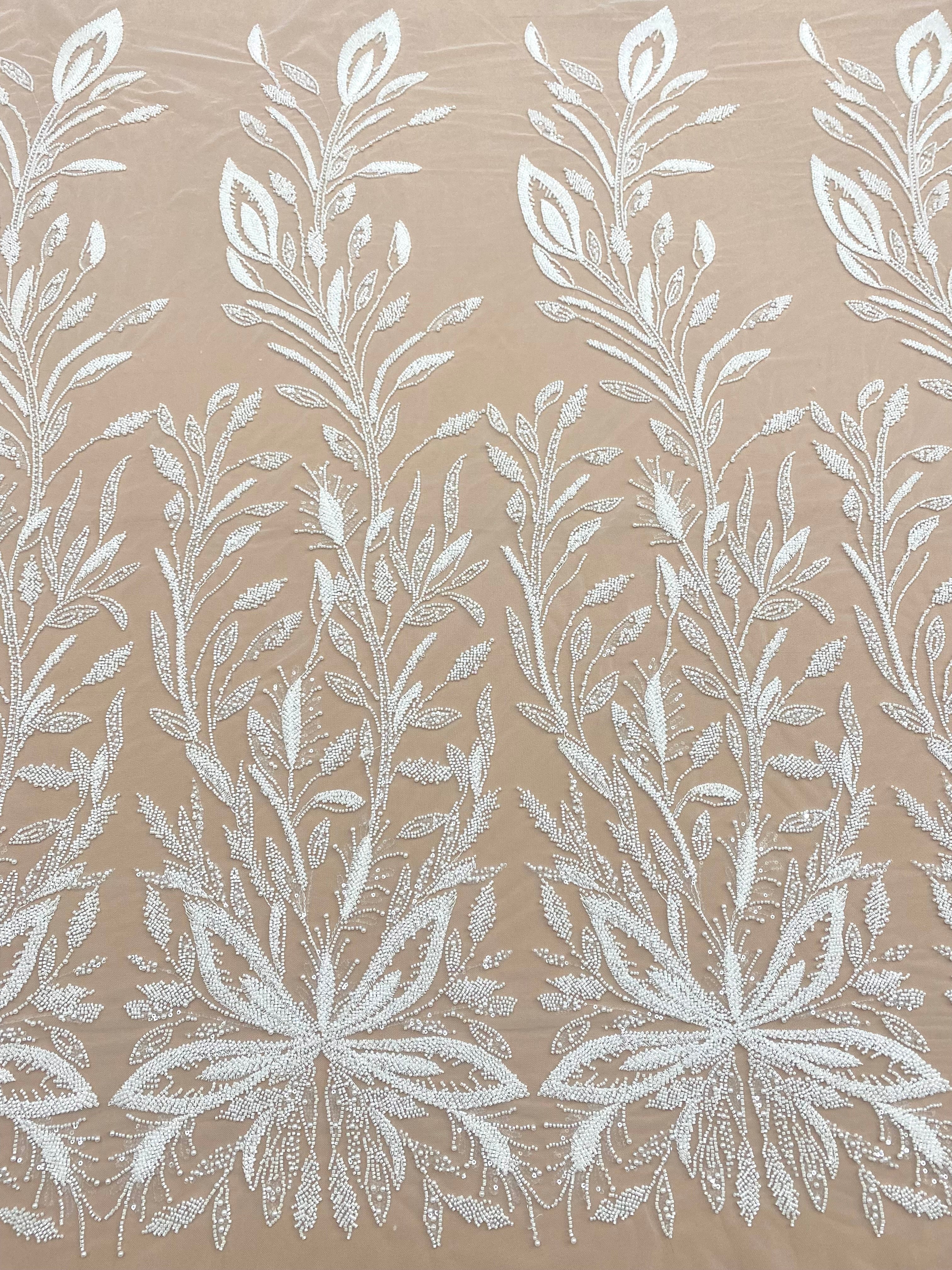 Dantela Couture Ivory cu Model Floral, cu Perle, Margele si Paiete