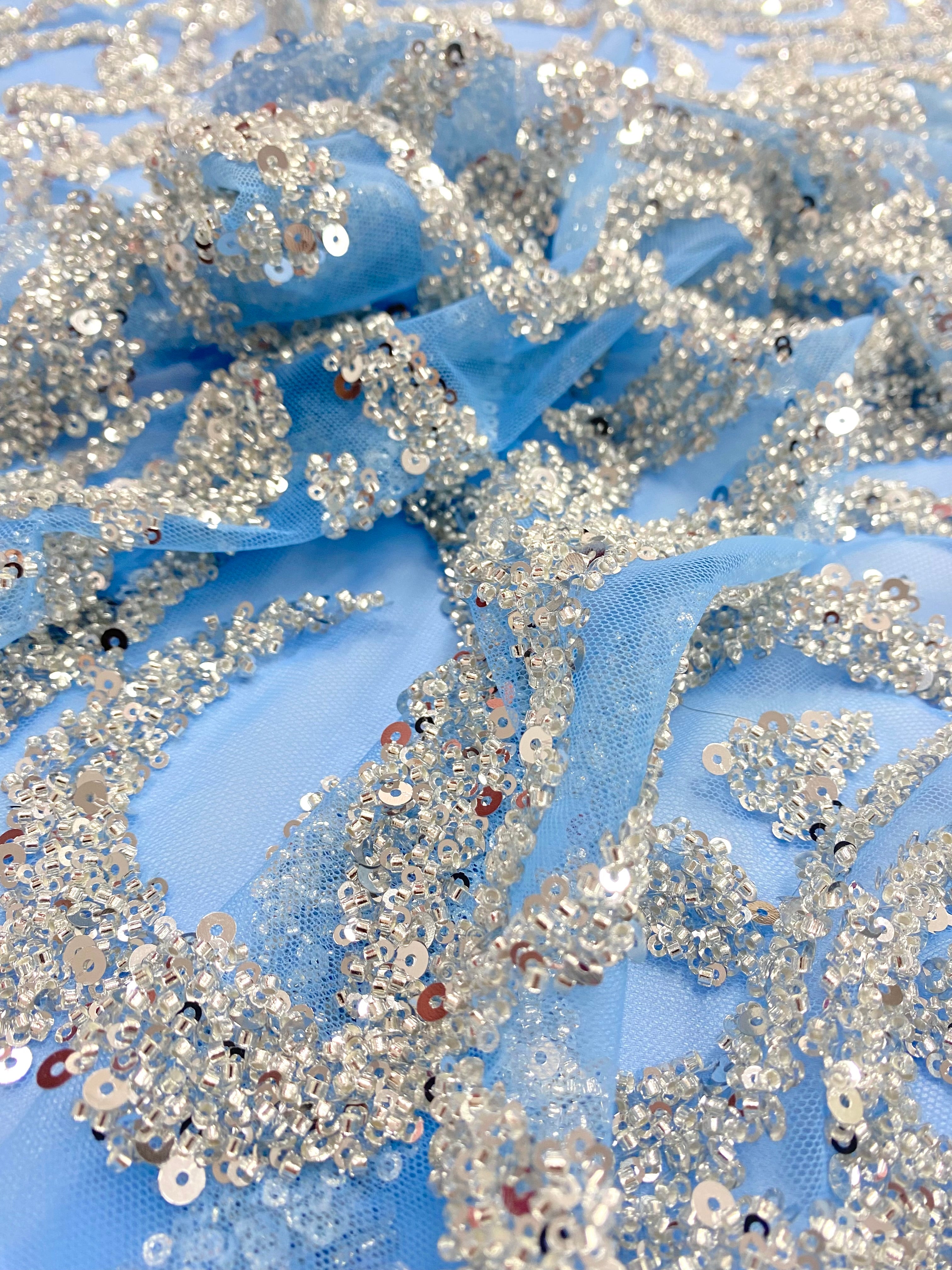 Silver Couture Lace on Blue Tulle, with Symmetrical Pattern, with Beads and Sequins 