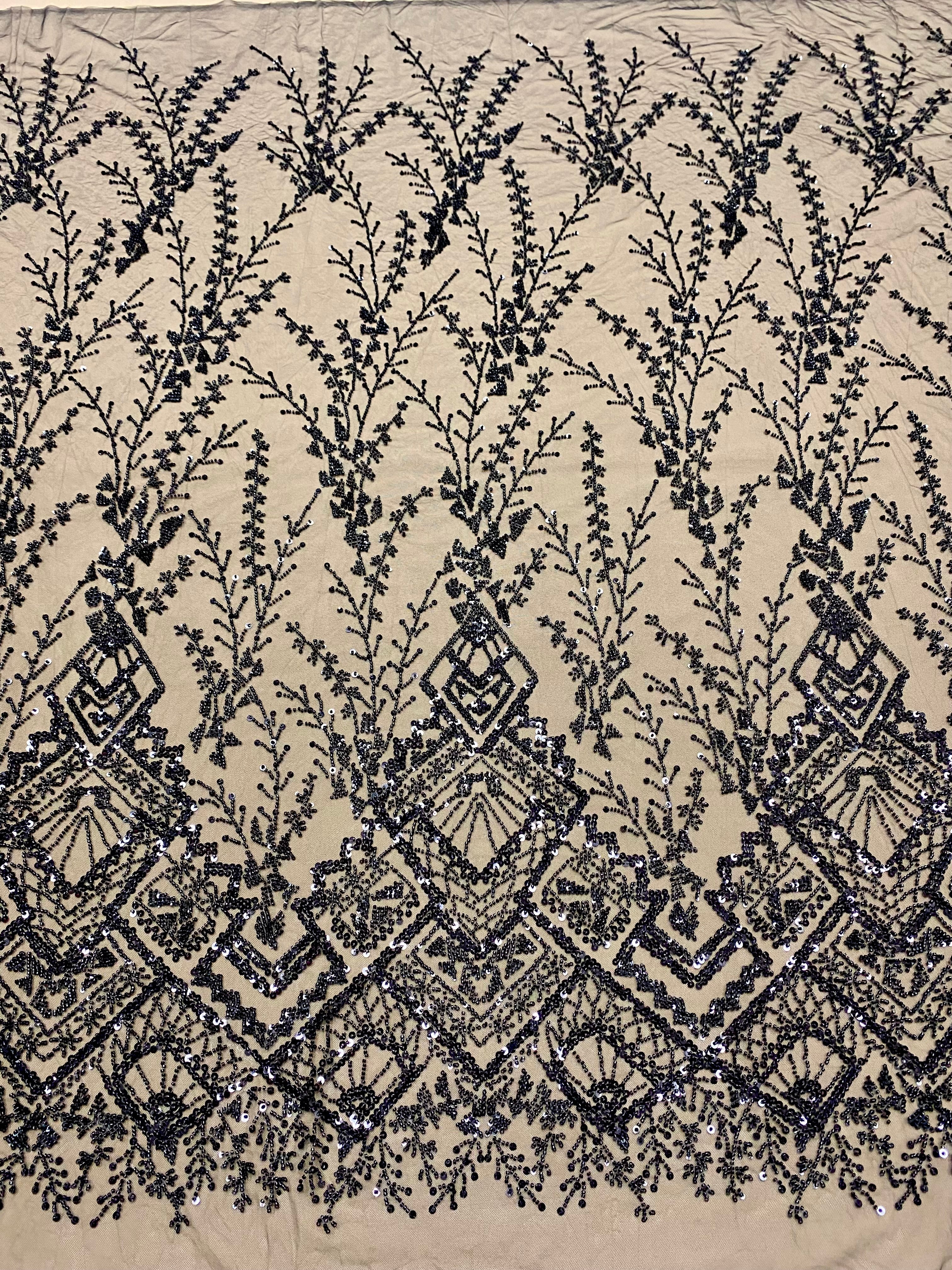 Black Couture Lace with Geometric Pattern, Beads and Sequins
