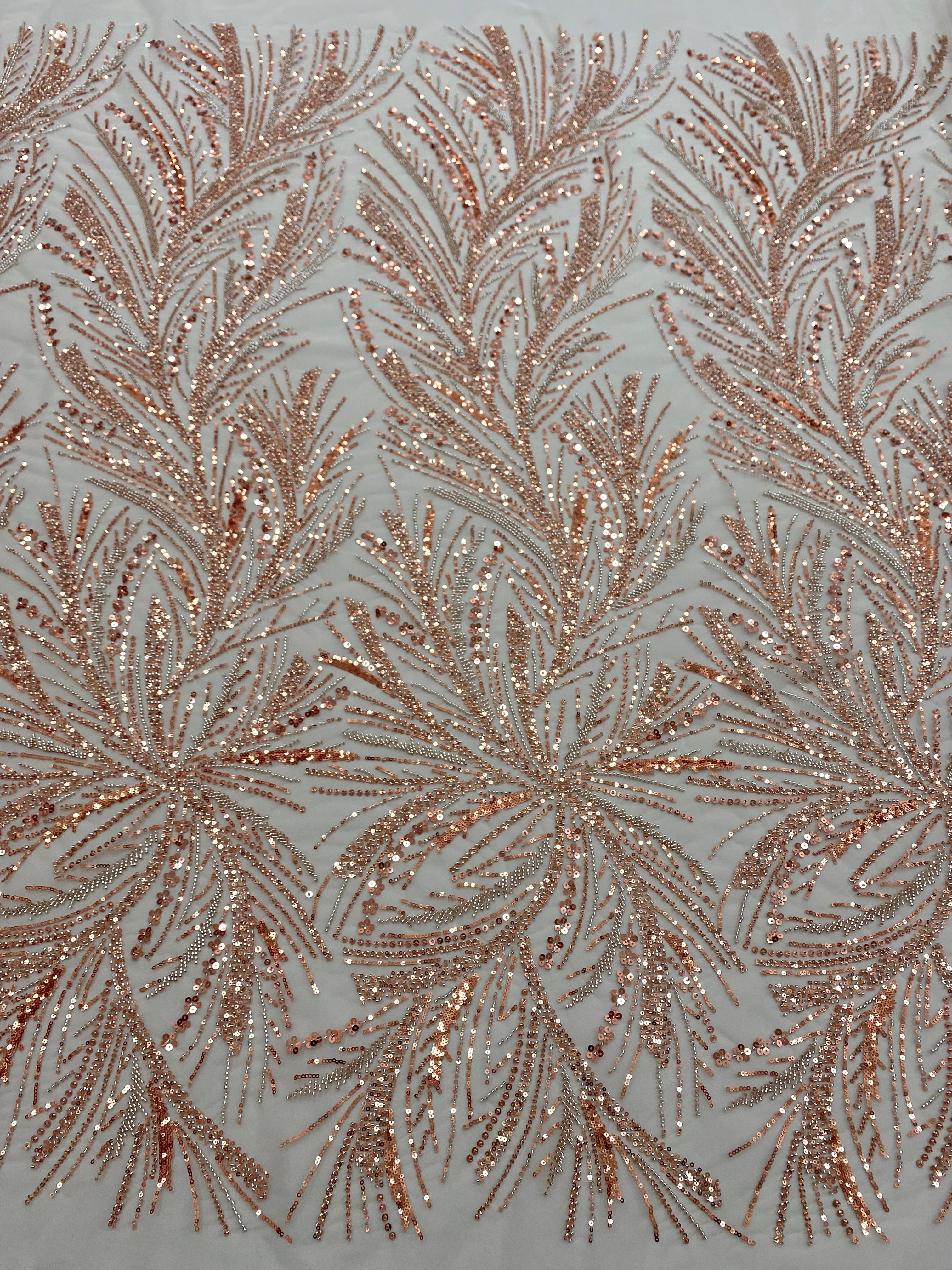 Rose Gold Couture Lace with Linear Pattern, Beads and Sequins