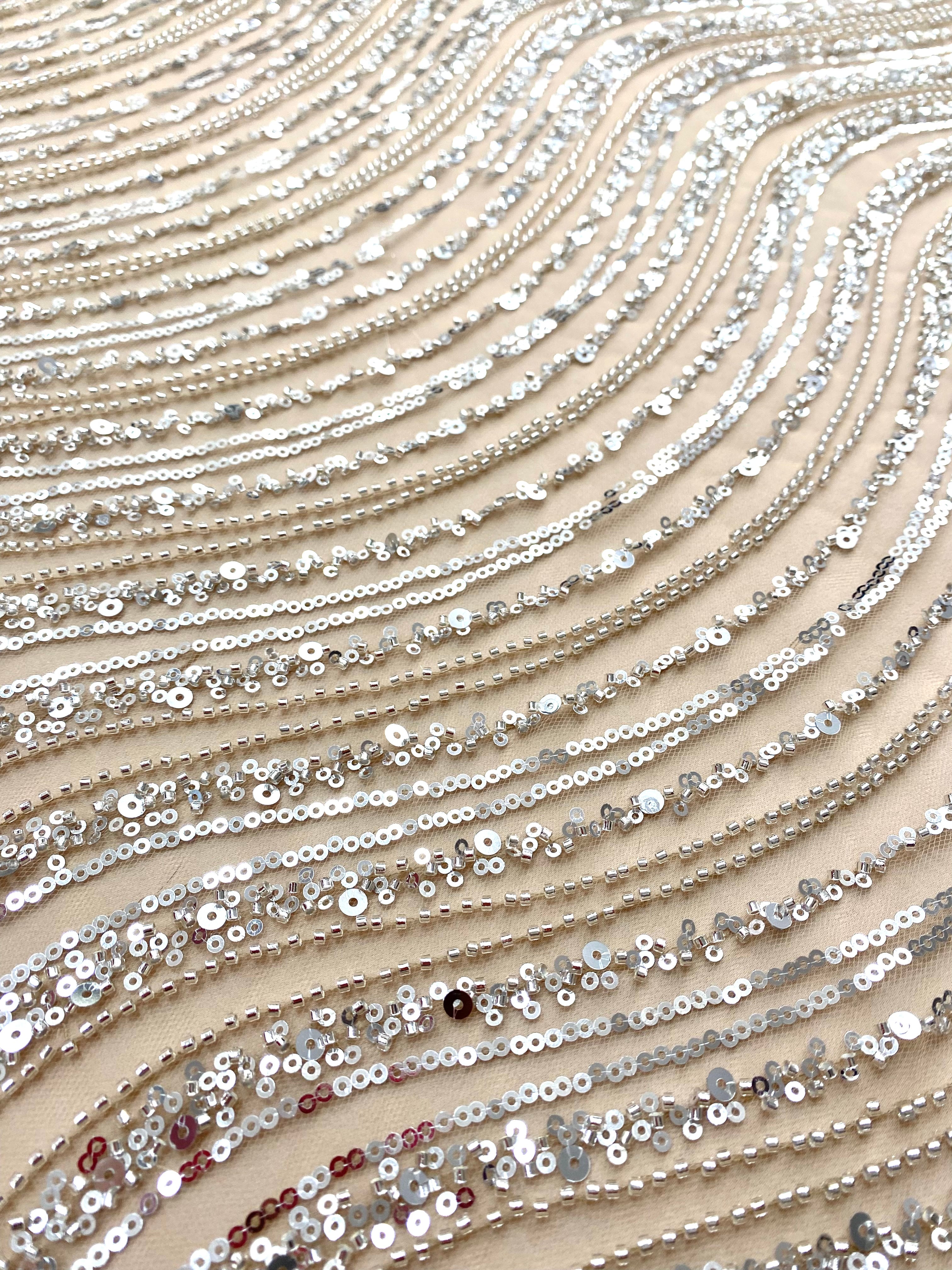 Silver Lace with Geometric Pattern, with Beads and Sequins