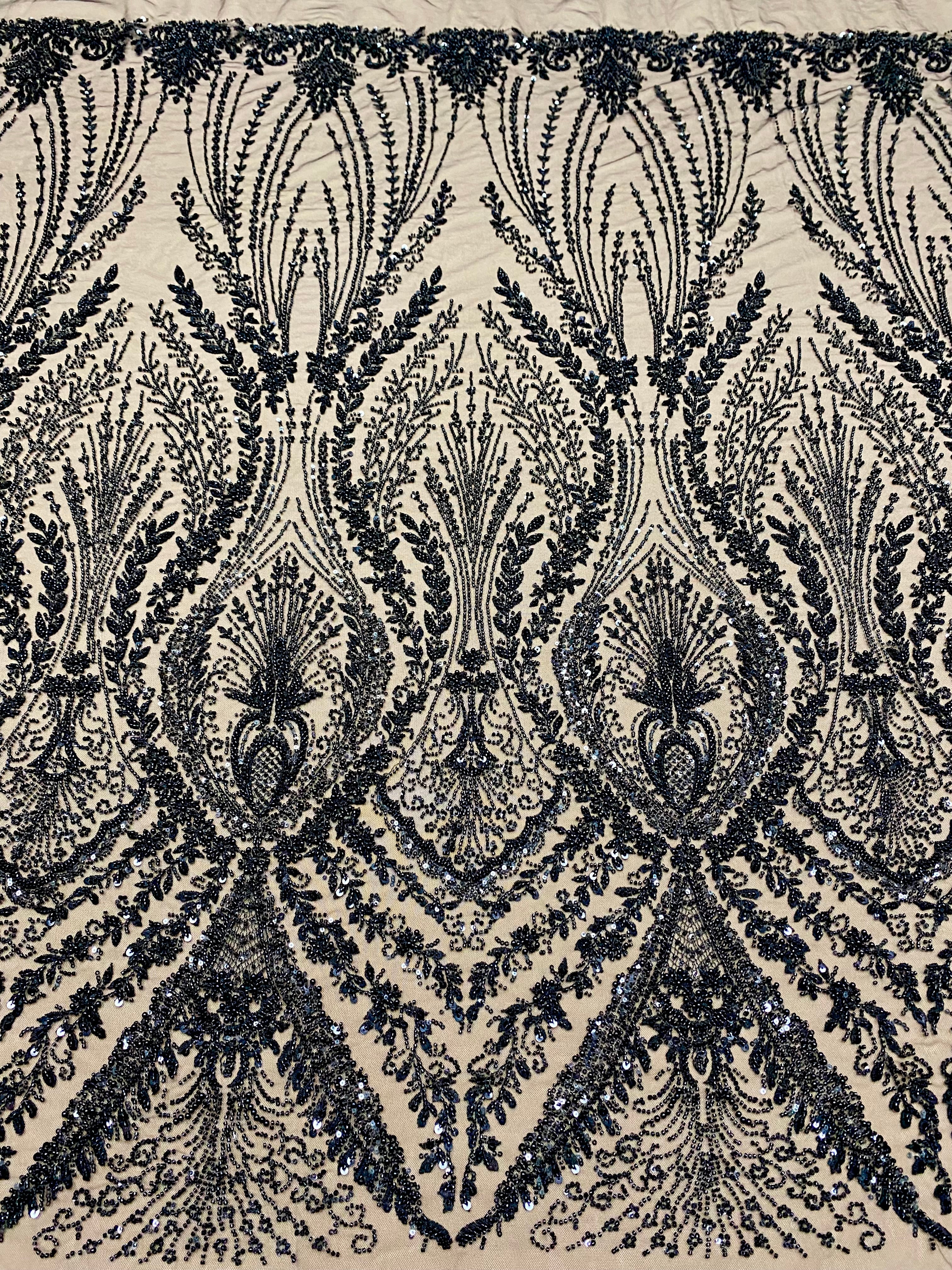 Black Couture Lace with Geometric Pattern, with Pearls, Beads and Sequins