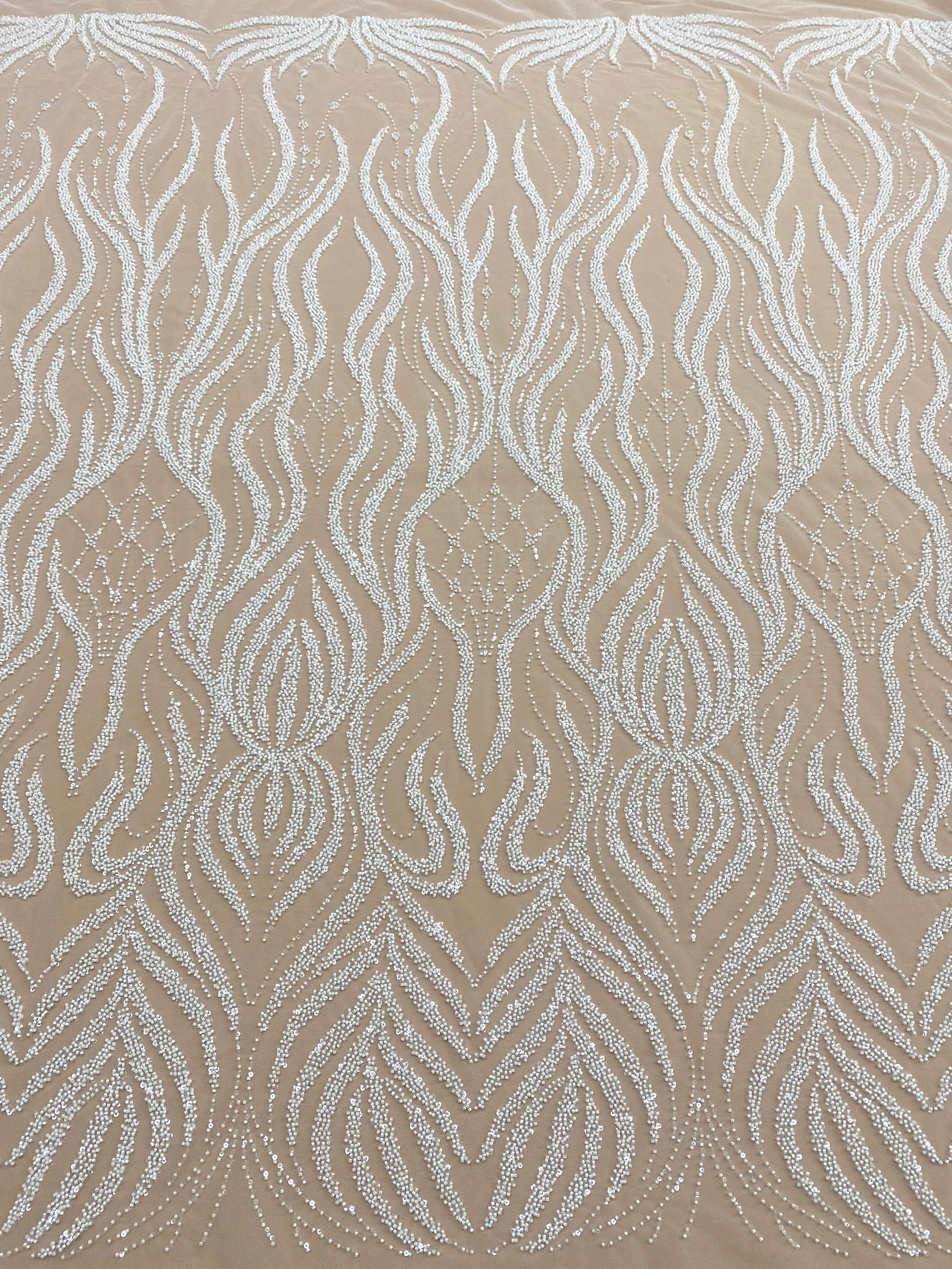 Ivory Couture Lace with Geometric Pattern, Beads and Sequins