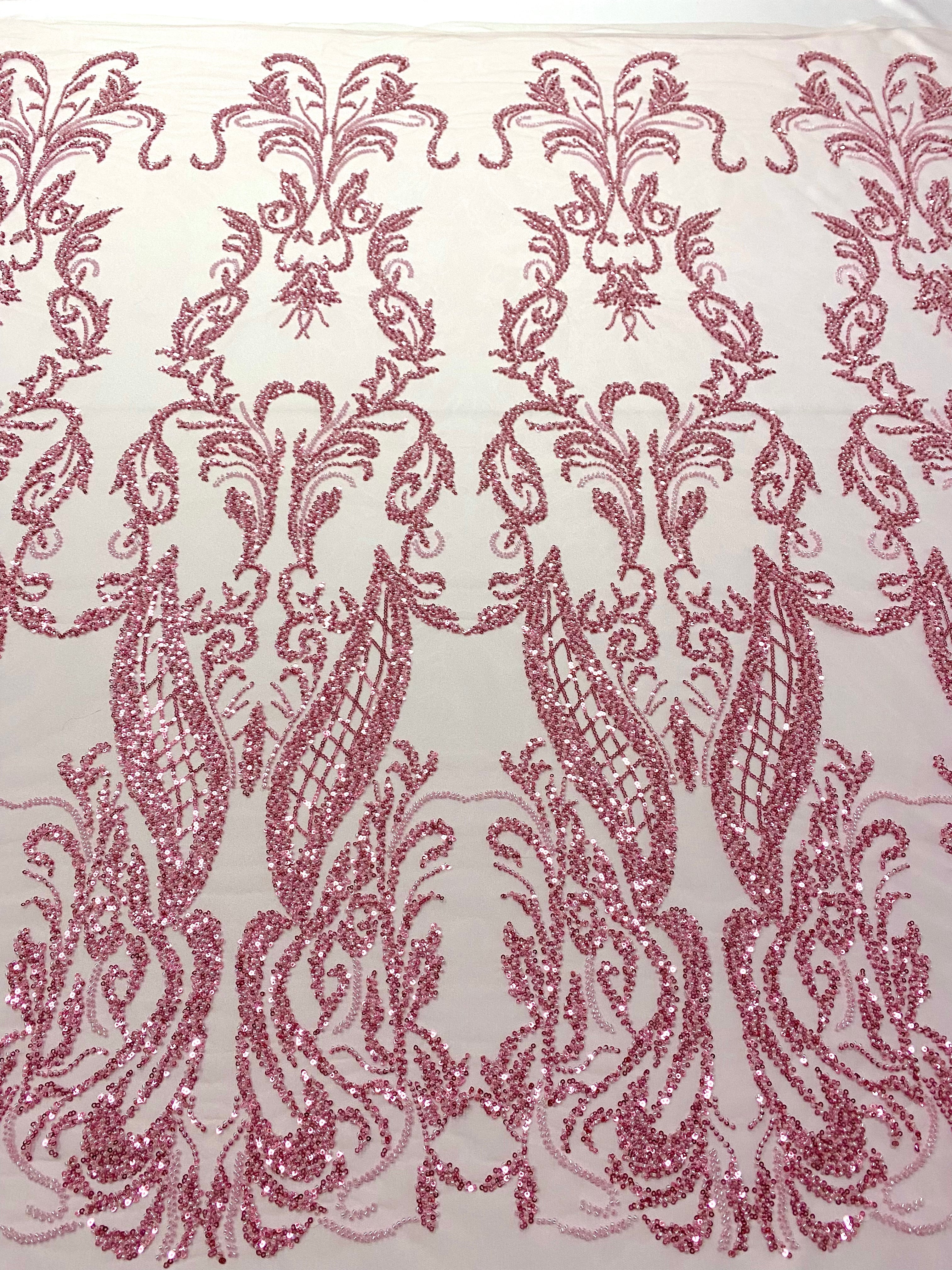 Pink Couture Lace with Geometric Pattern, with Beads and Sequins