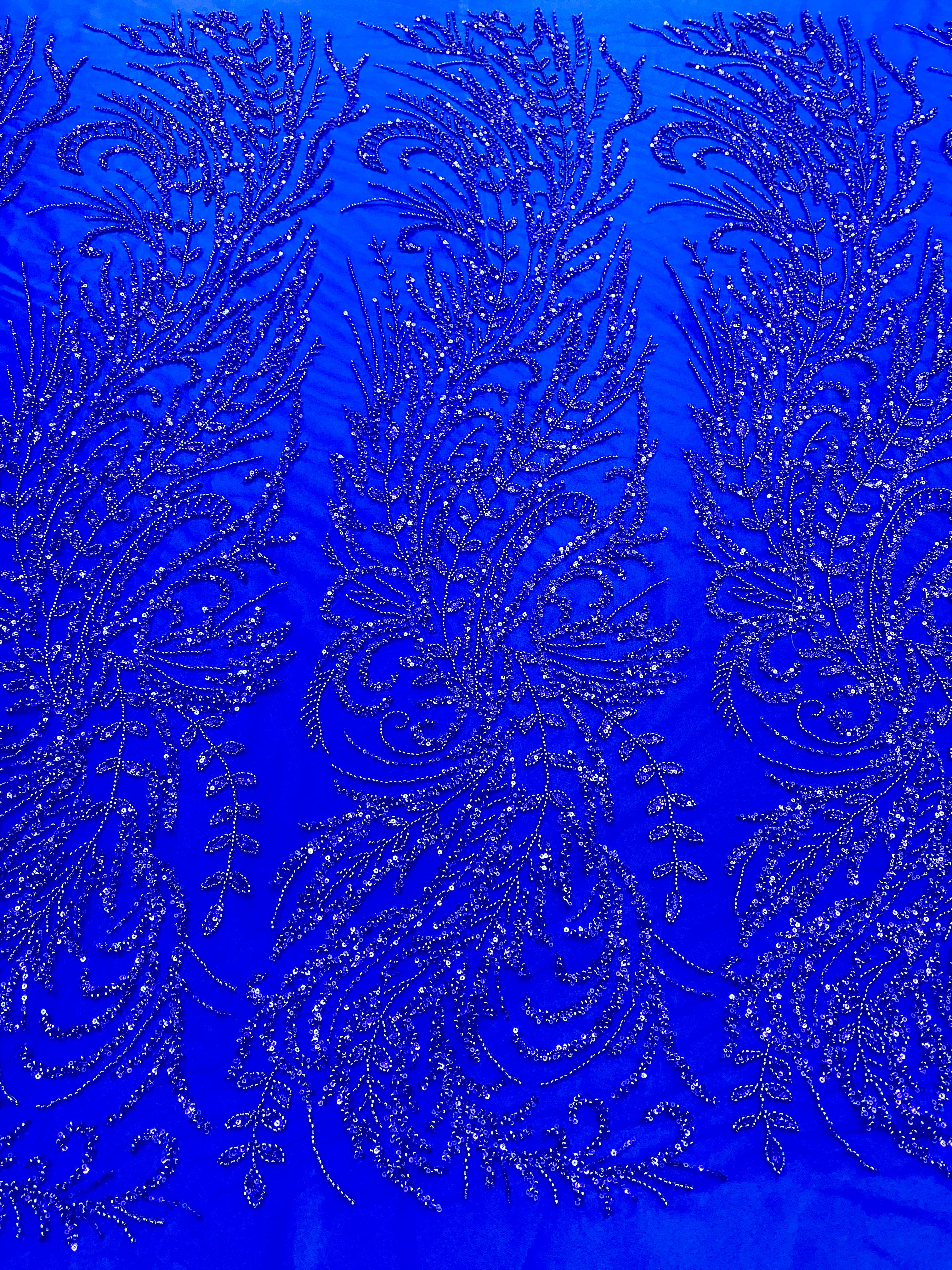Royal Blue Couture Lace with Floral Pattern, Beads and Sequins