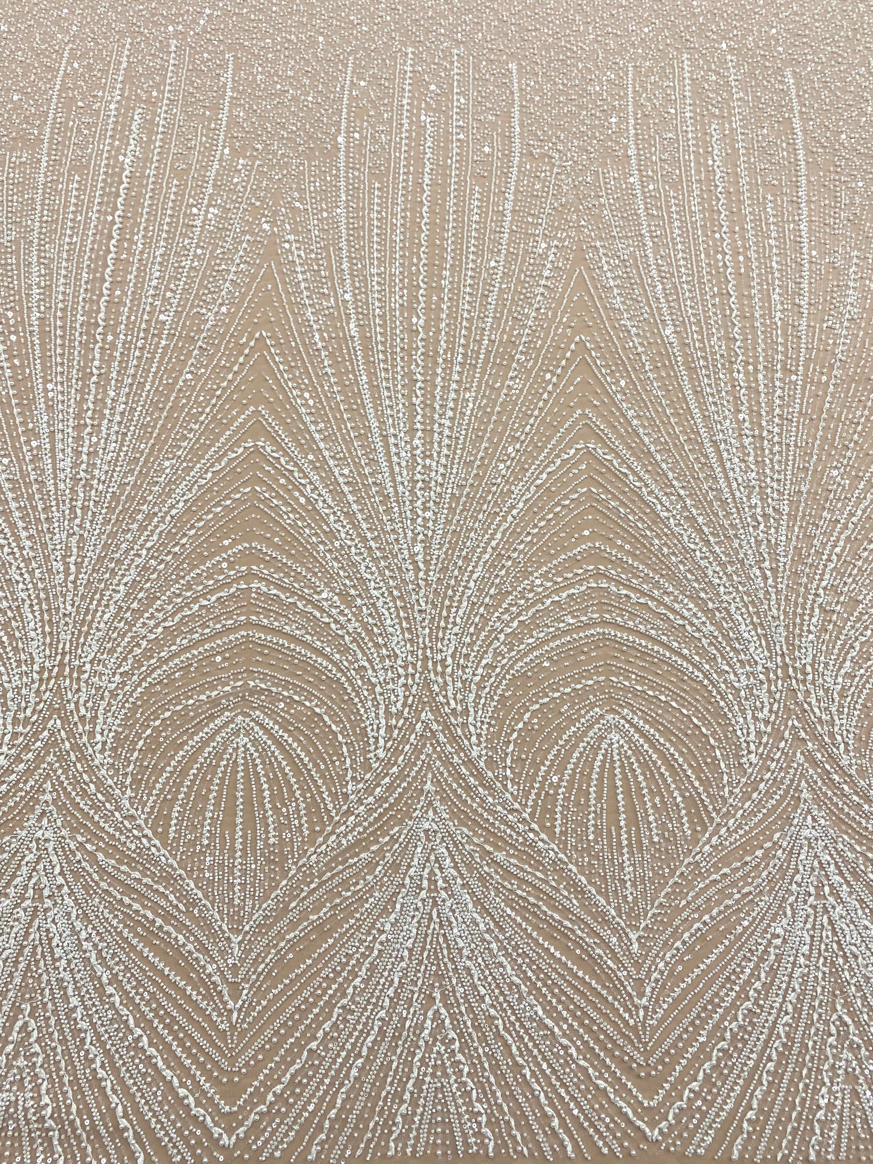 Dantela Couture Ivory cu Model Geometric, cu Perle, Margele si Paiete