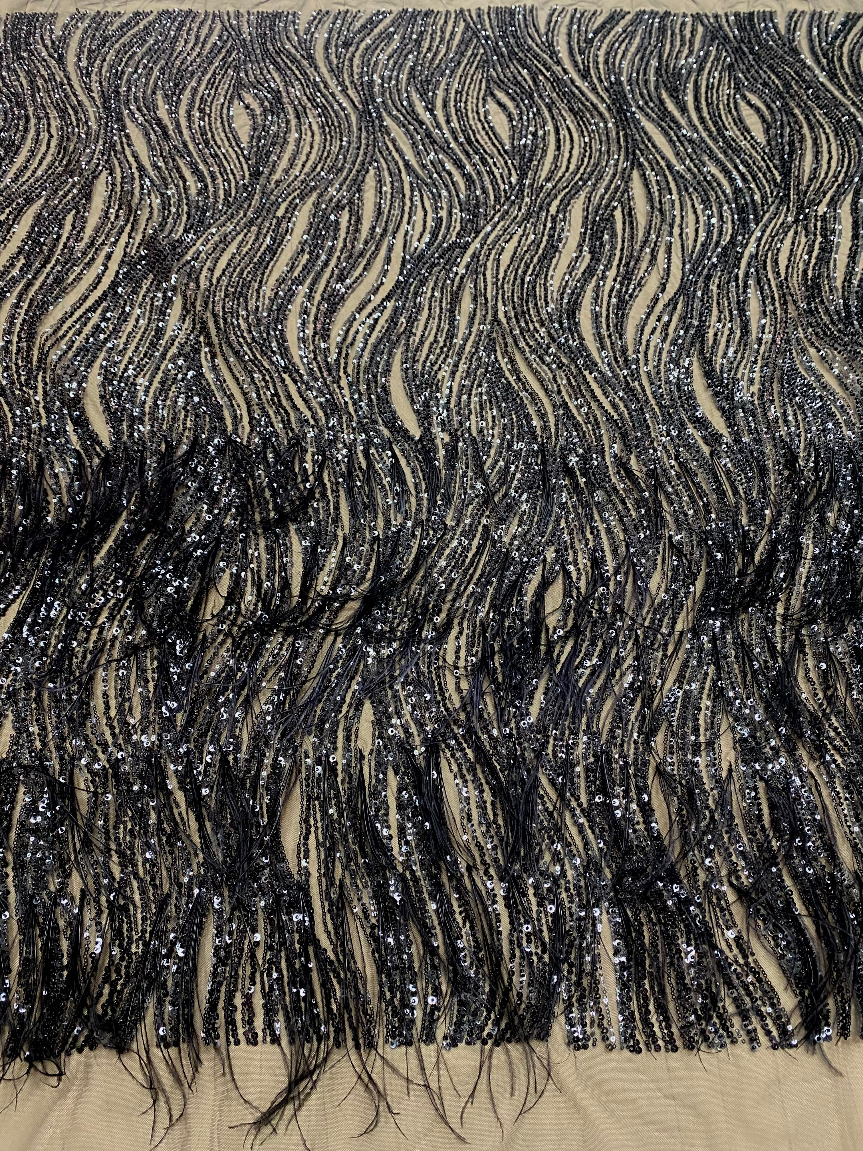 Black Couture Lace with Ostrich Feathers, Linear Pattern, Beads and Sequins