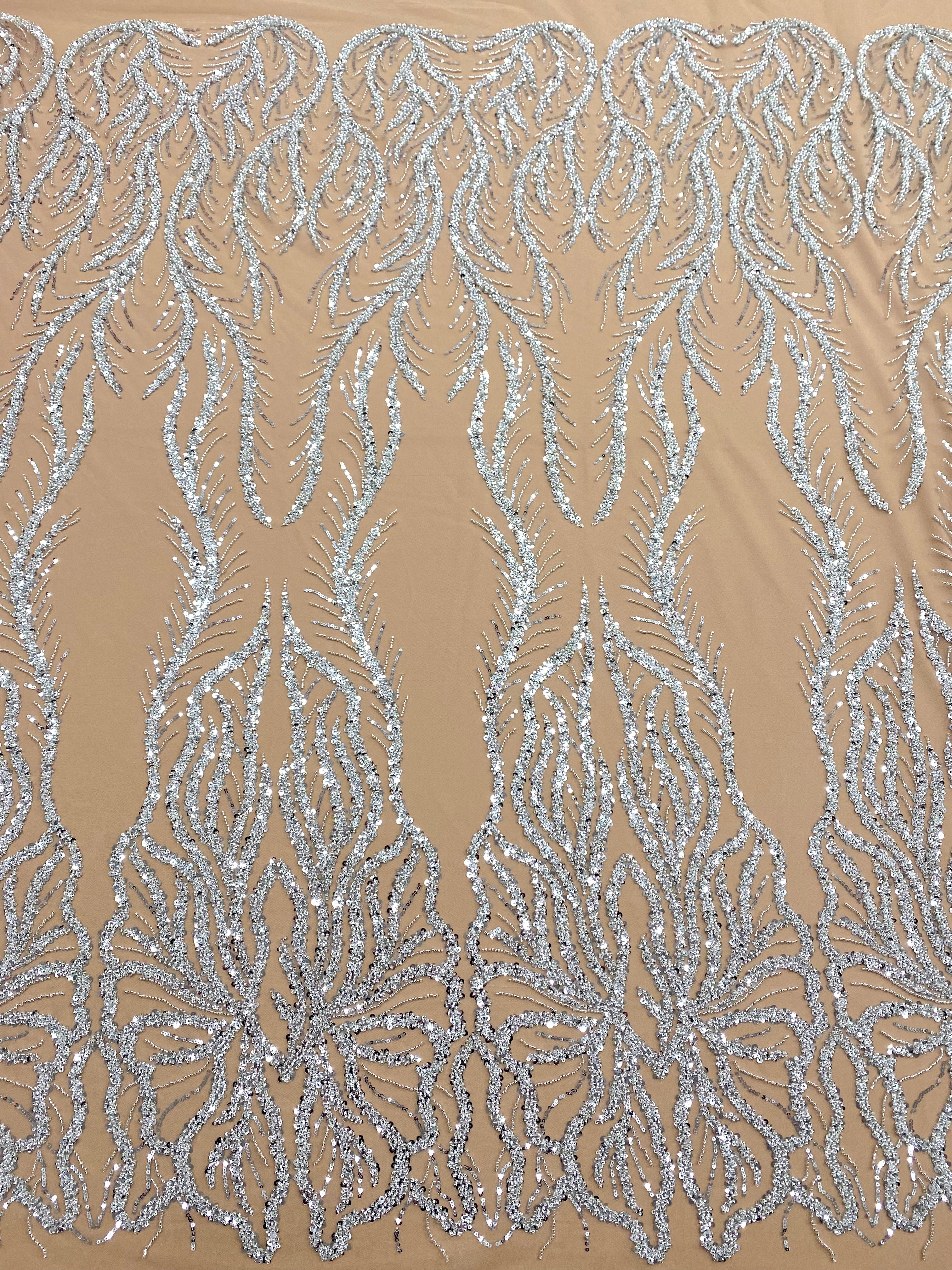 Silver Couture Lace on Nude Tulle with Panel, Beading and Sequins