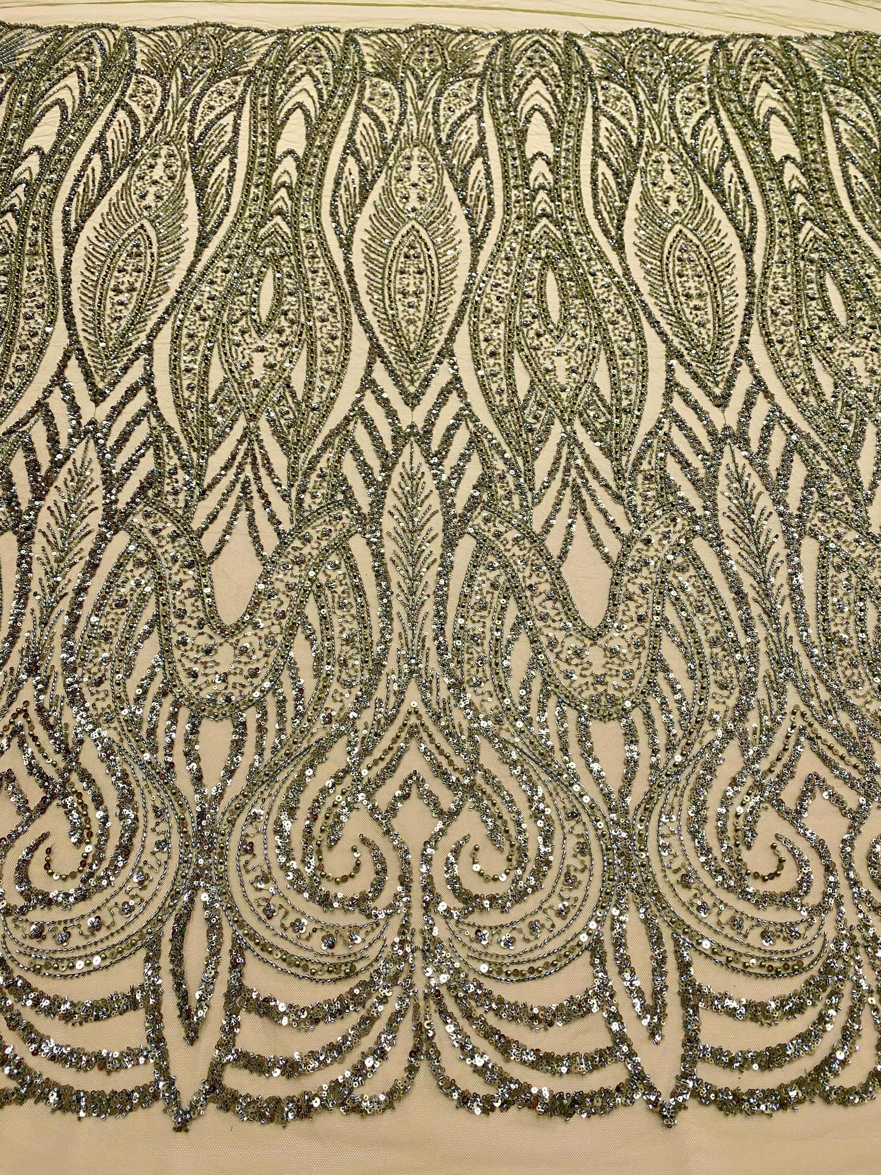 Dantela Couture Olive geometriai mintával, gyöngyökkel, gyöngyökkel és flitterekkel