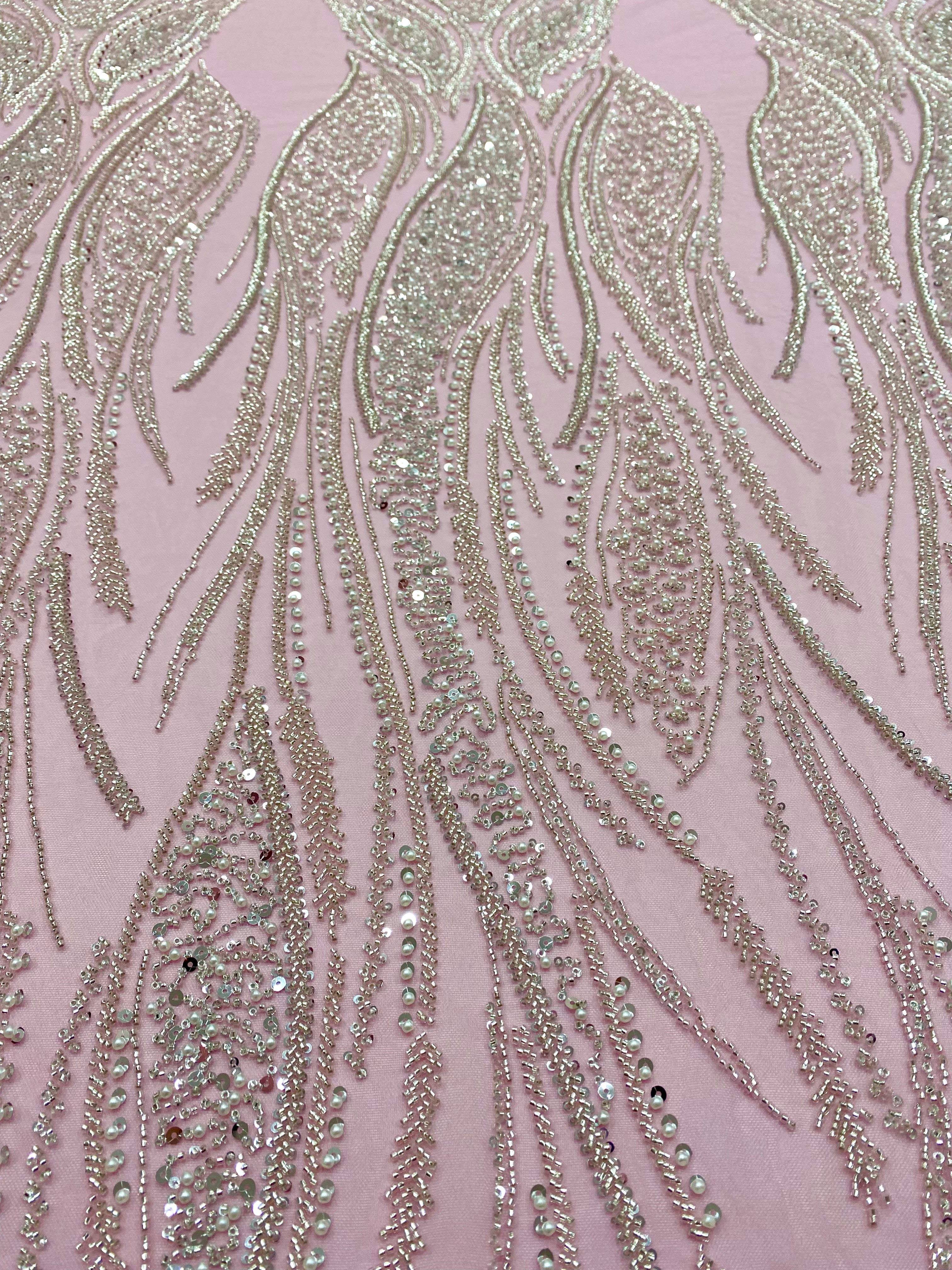 Silver Lace with Linear Pattern, with Pearls and Sequins