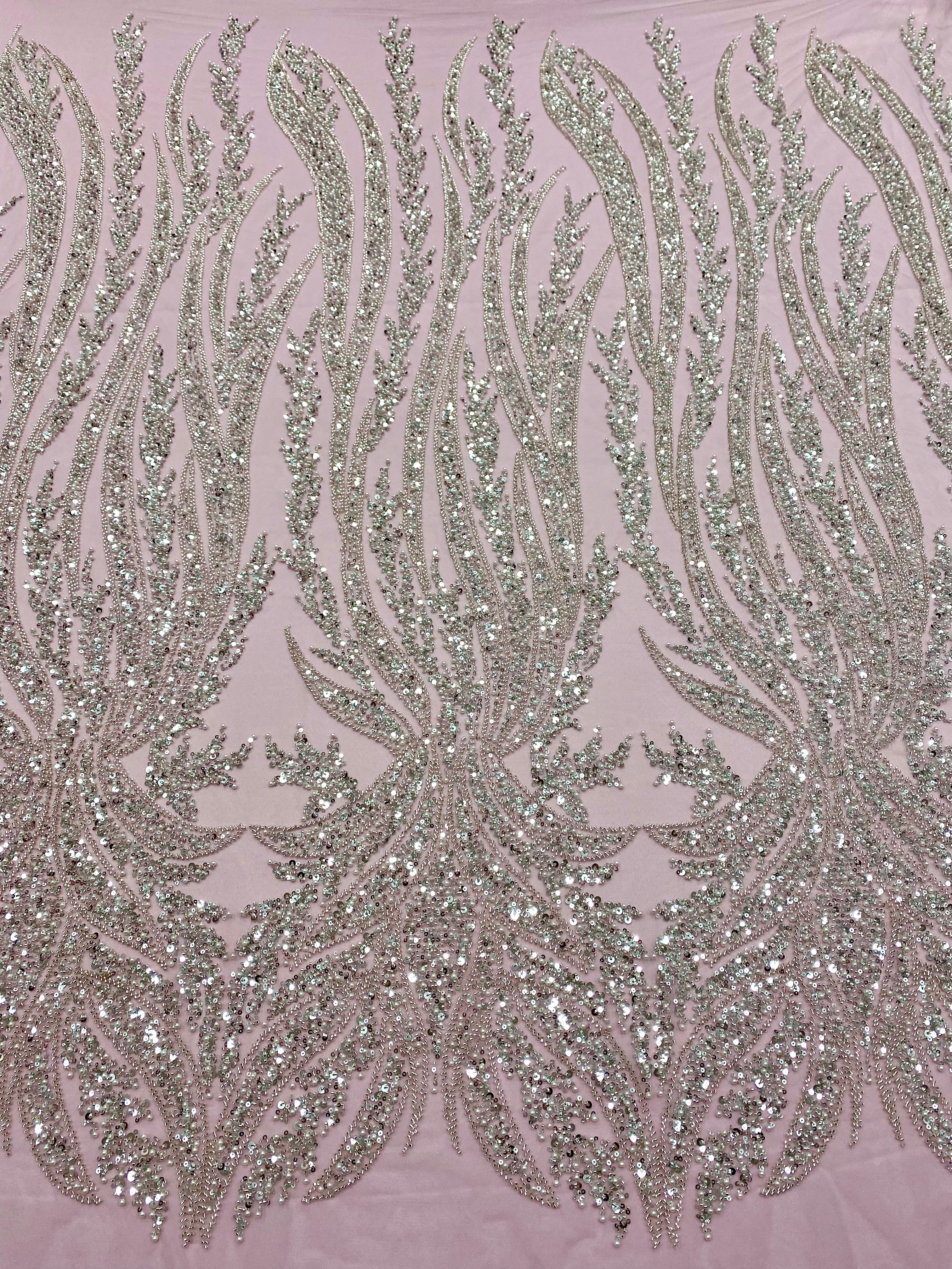 Silver Couture Lace on Blue Tulle, with Symmetrical Pattern, with Beads and Sequins 