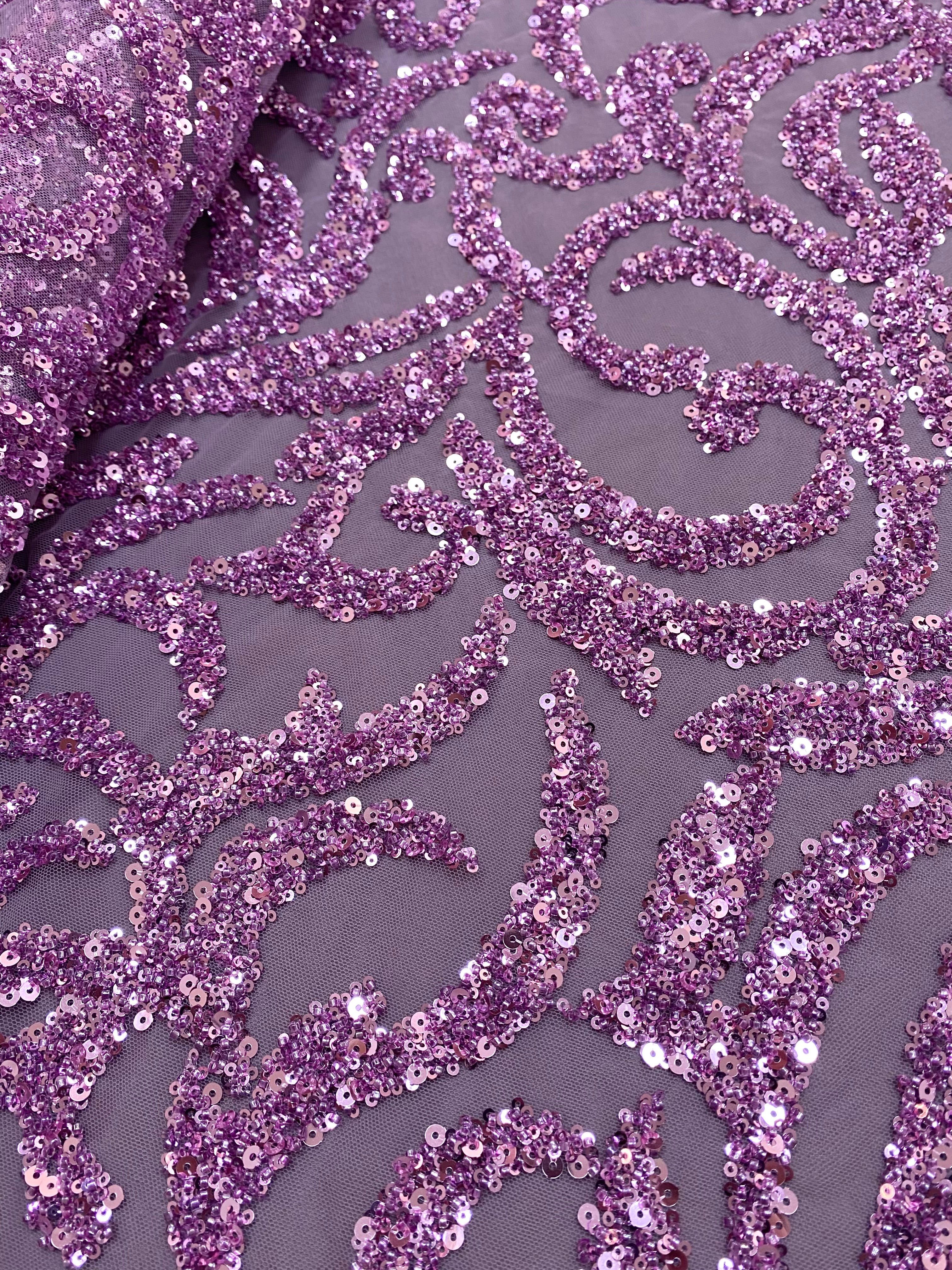 Dantela Couture Lavanda Pudrata cu Model Geometric, cu Margele si Paiete