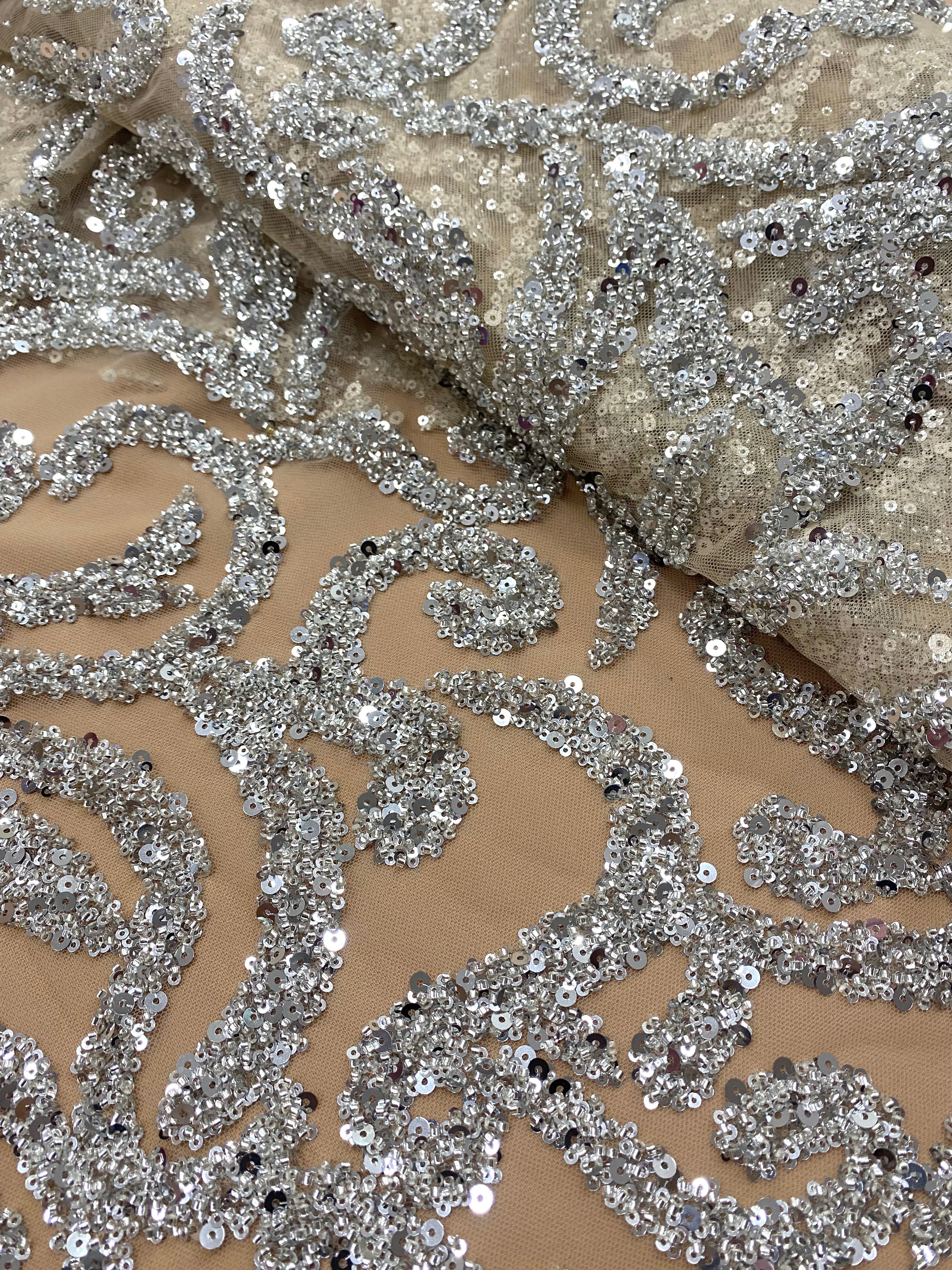 Silver Couture Lace on Nude Tulle with Beads and Sequins 