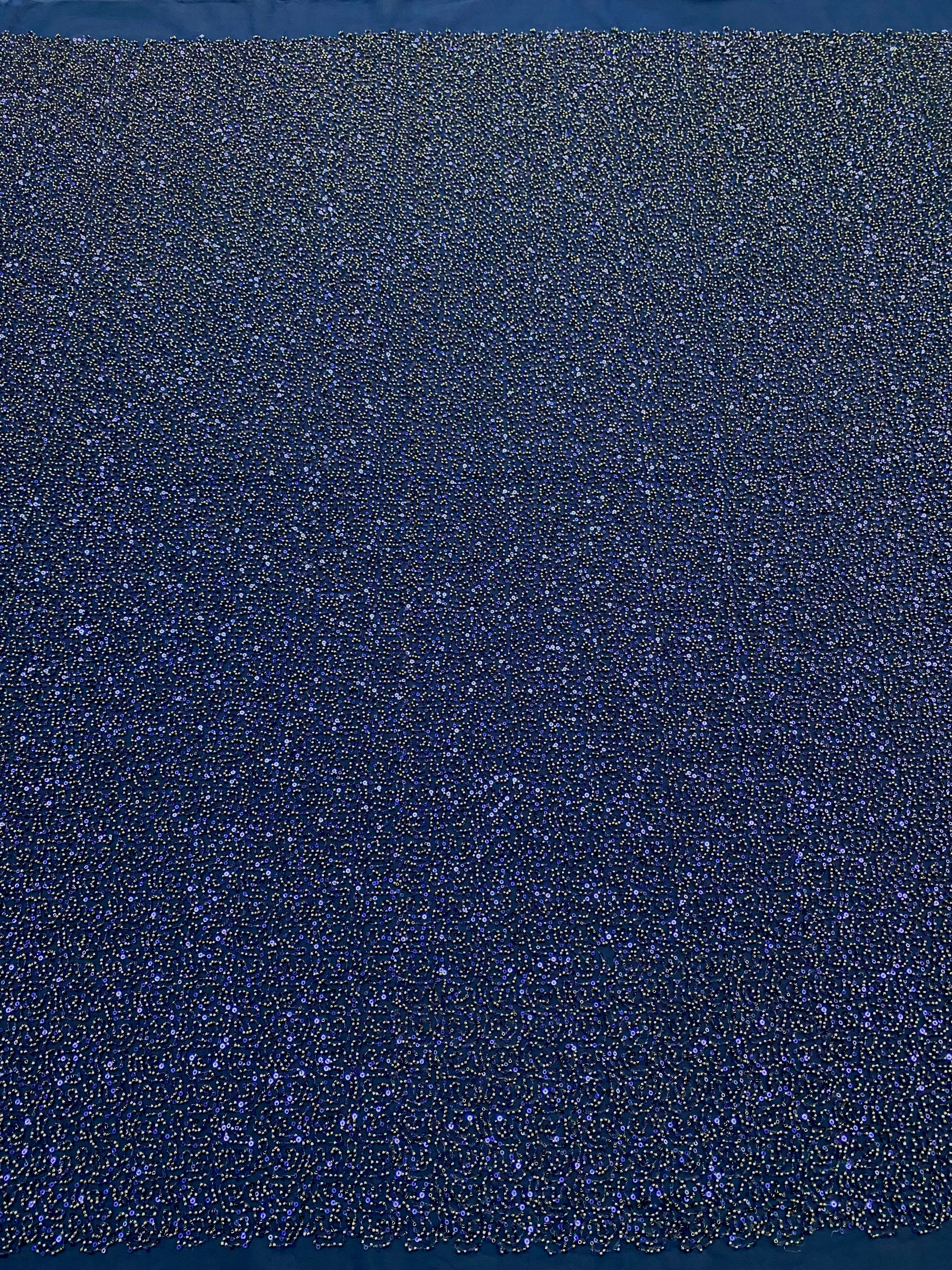 Navy Blue Couture Lace with General Pattern, with Beads and Sequins 