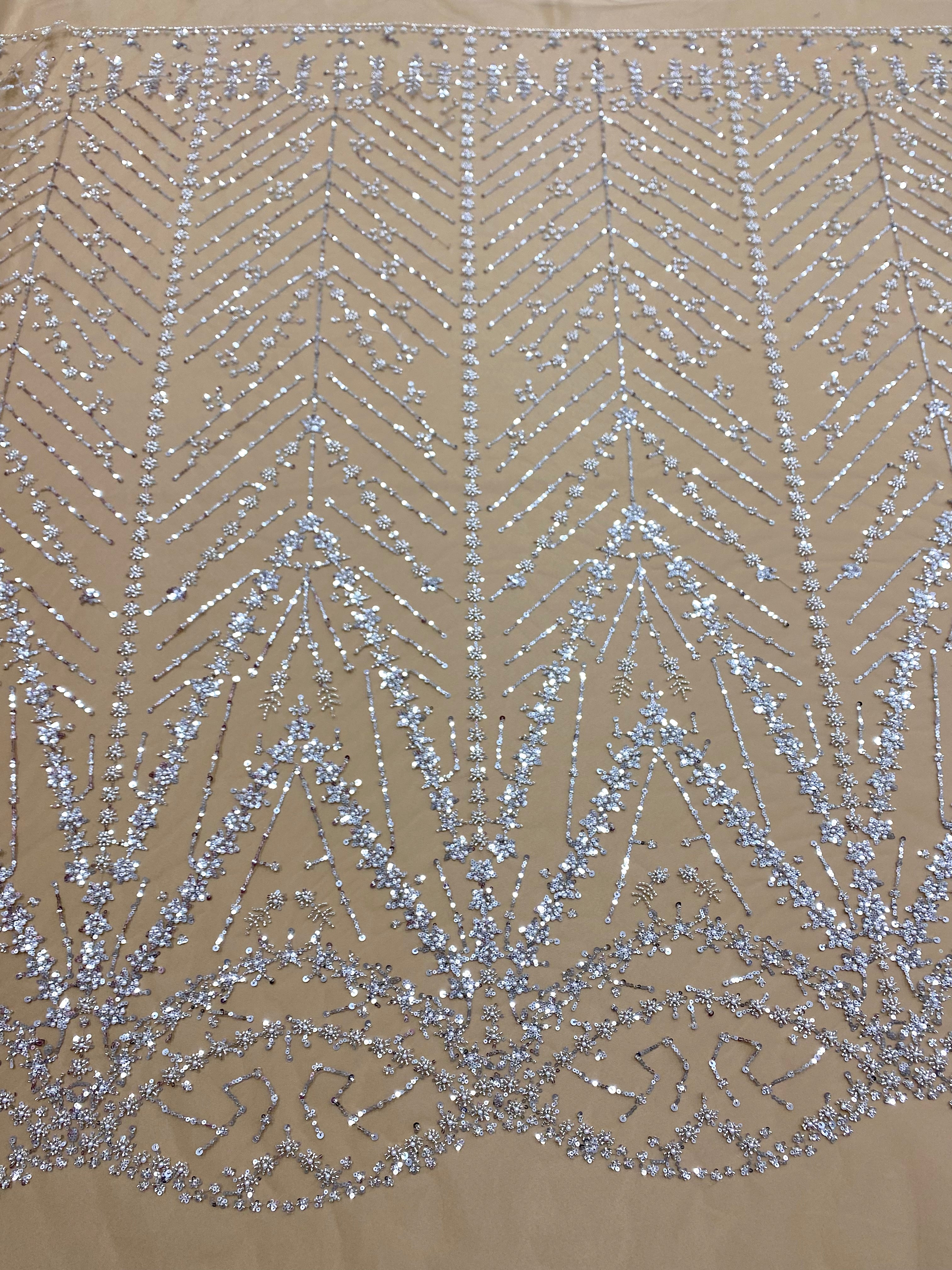 Silver Lace with Nude Tulle with Beads and Sequins