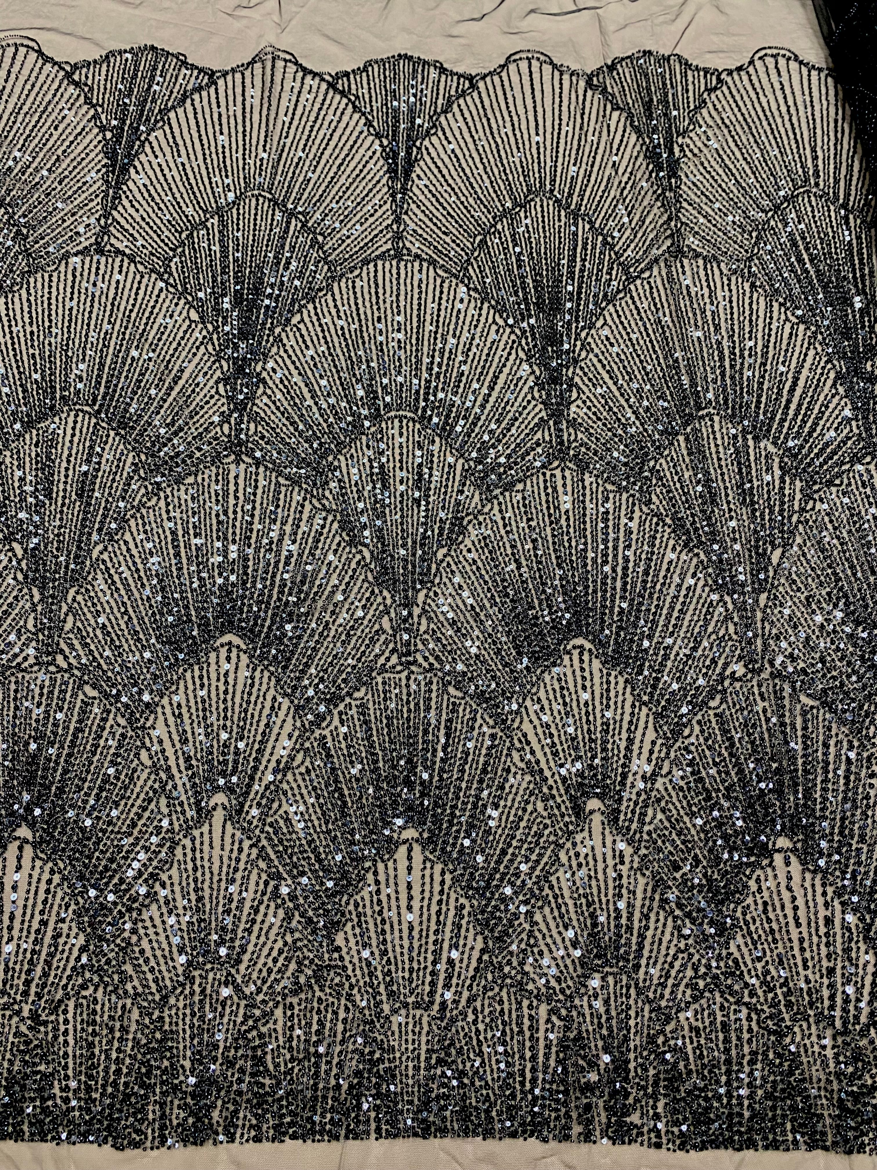 Silver Couture Lace on Blue Tulle, with Symmetrical Pattern, with Beads and Sequins 