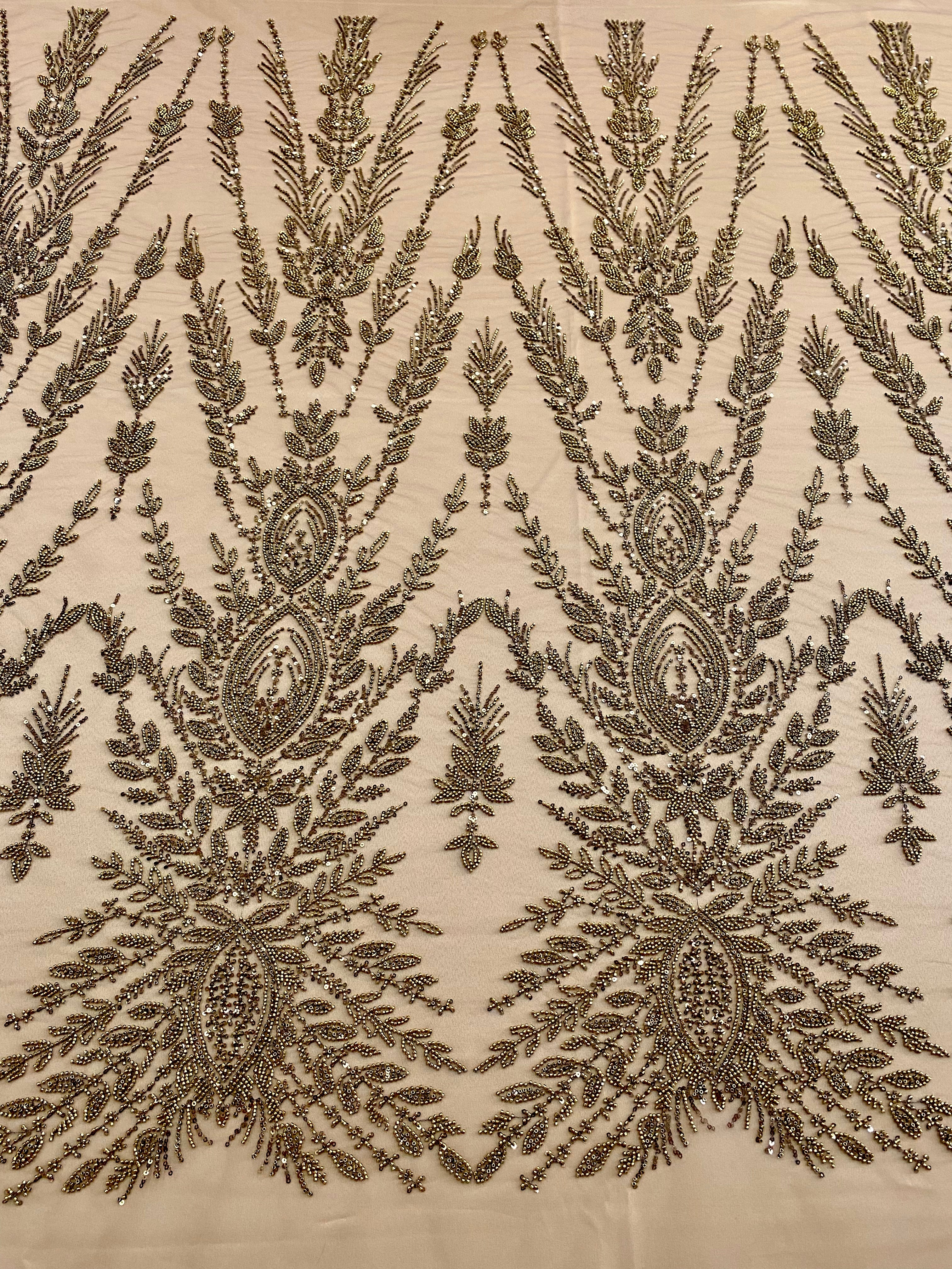 Antique Gold Couture Lace with Symmetrical Pattern, Beads and Sequins 
