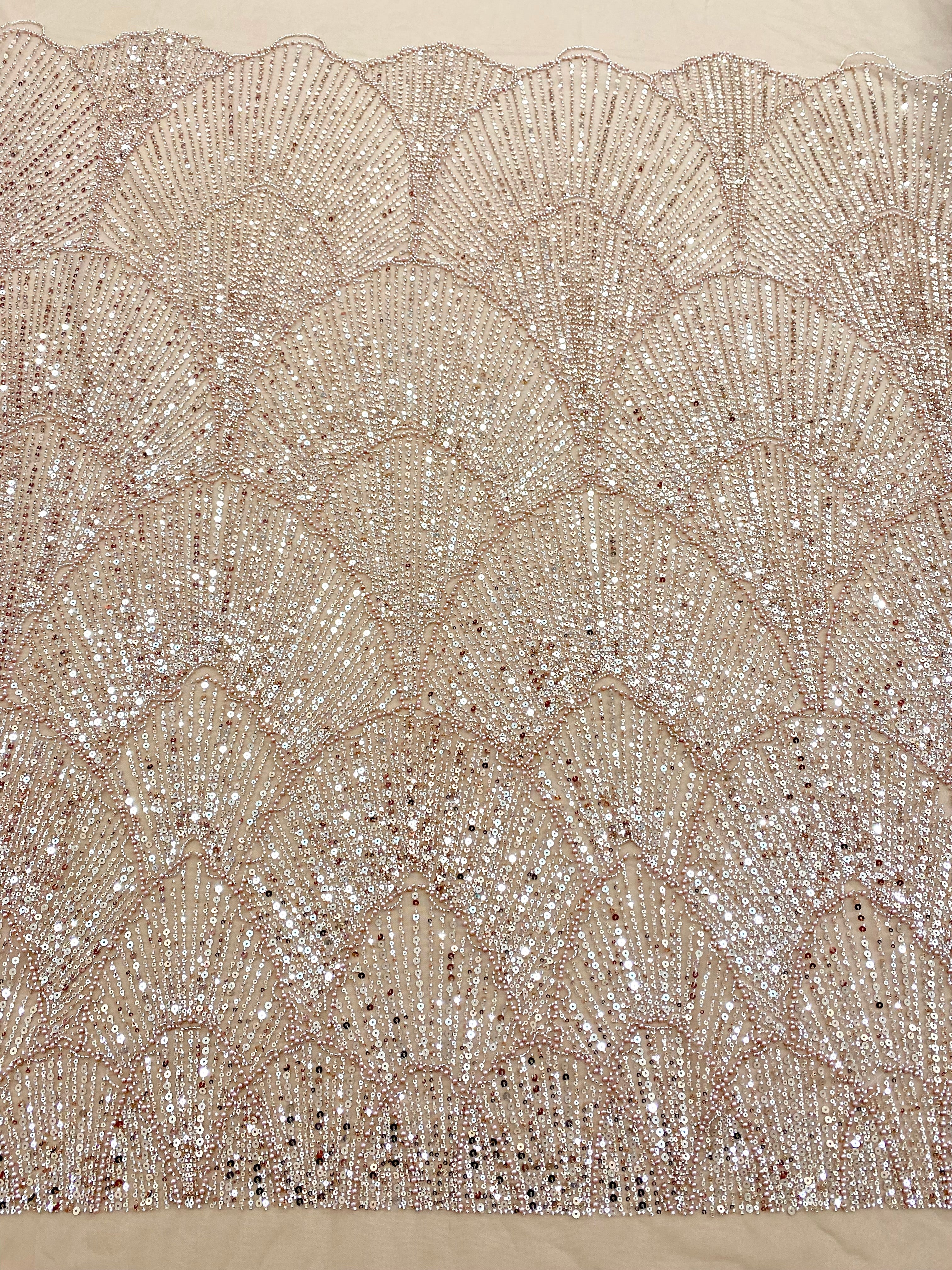 Rose Gold Couture Lace with Geometric Pattern, with Pearls, Beads and Sequins 