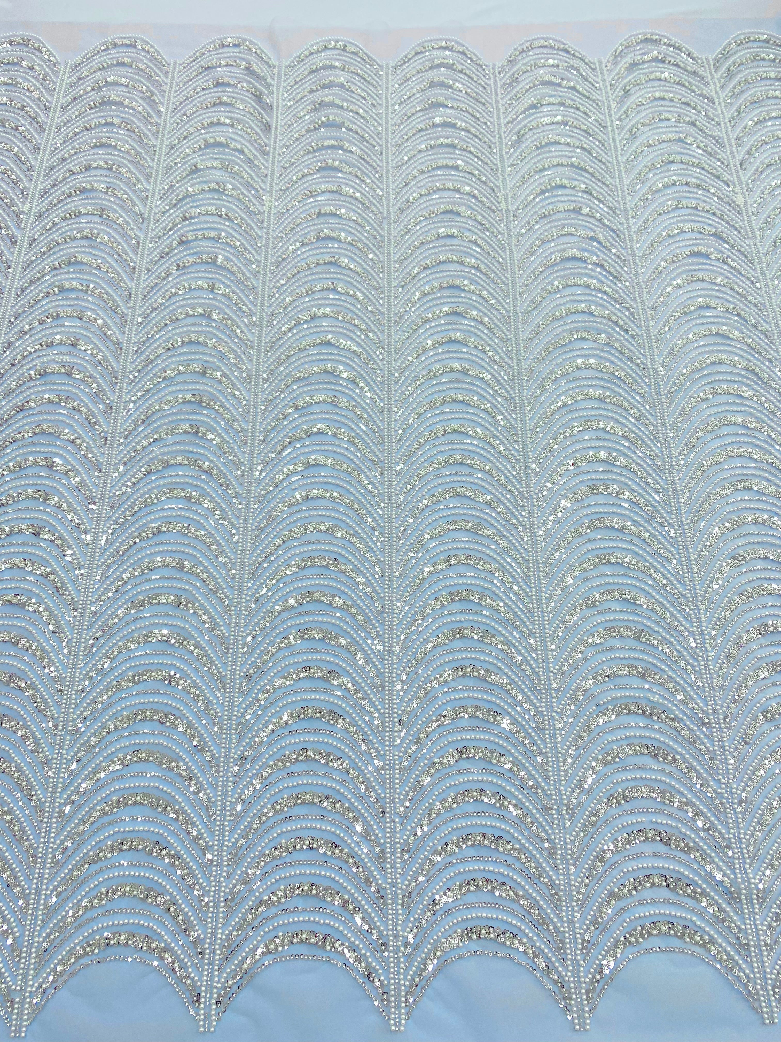 Silver Couture Lace on Blue Tulle, with Symmetrical Pattern, with Beads and Sequins 