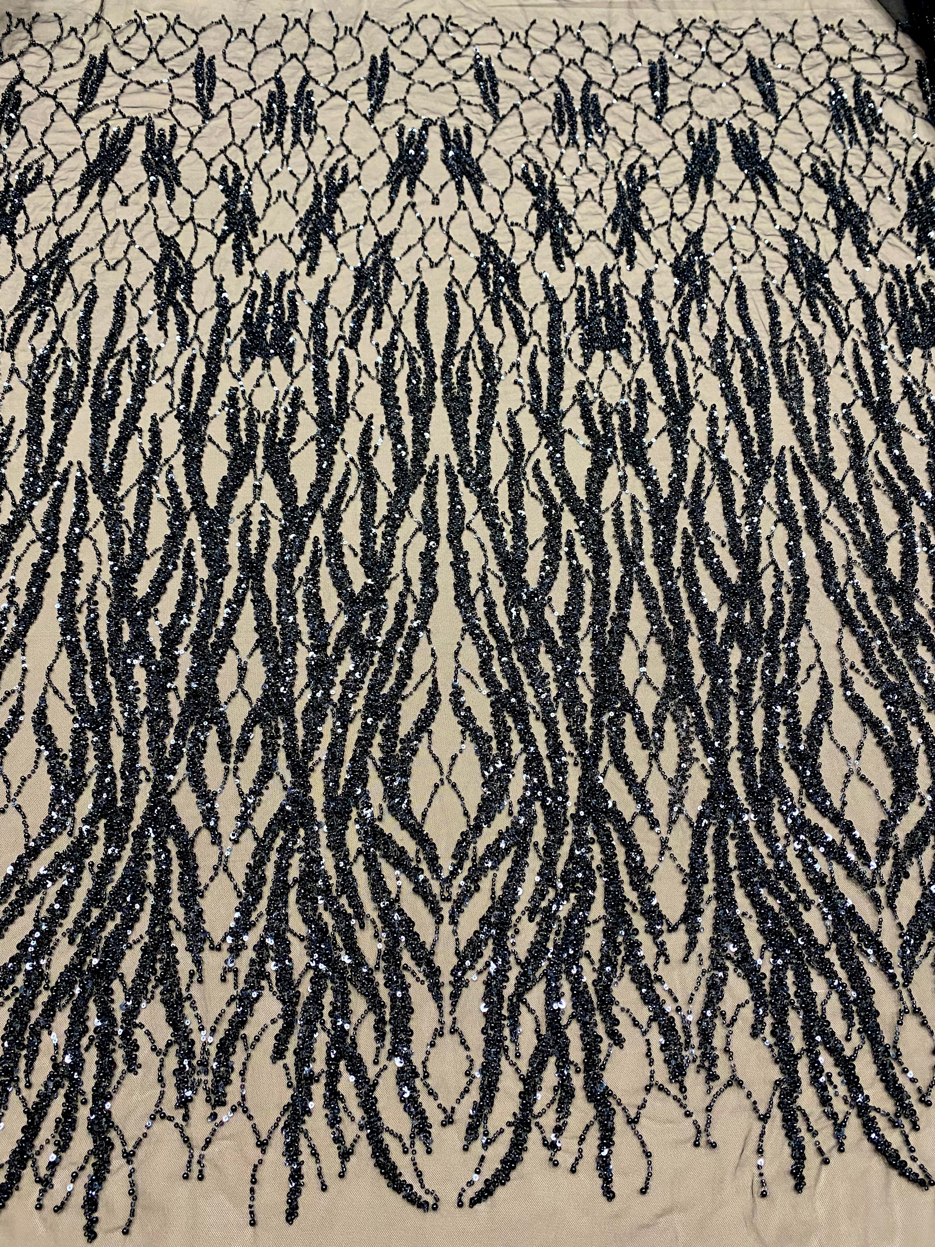 Dantela Couture Neagra cu Siraguri, cu Perle, Margele si Paiete
