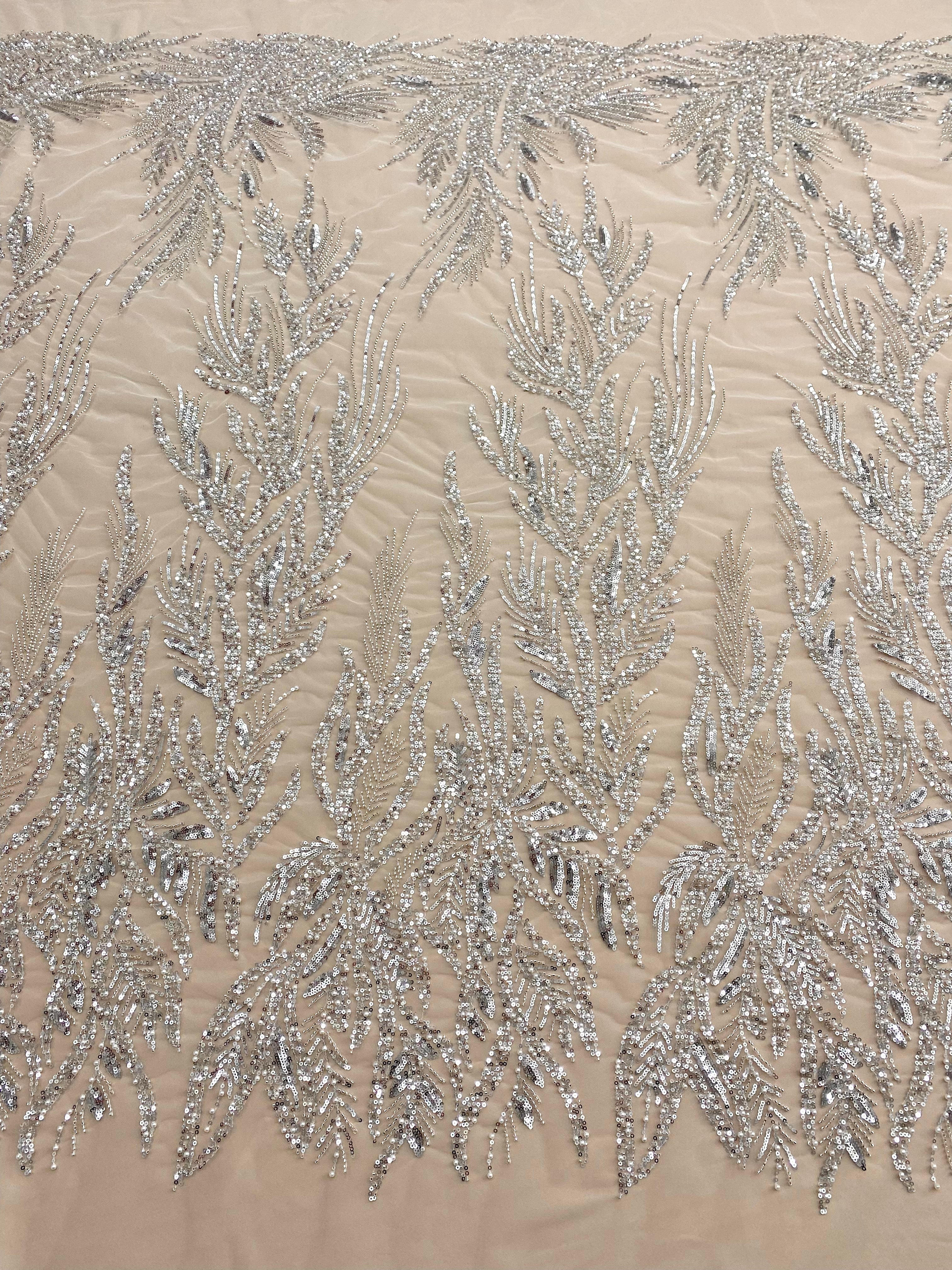Silver Lace with Geometric Pattern, with Beads and Sequins