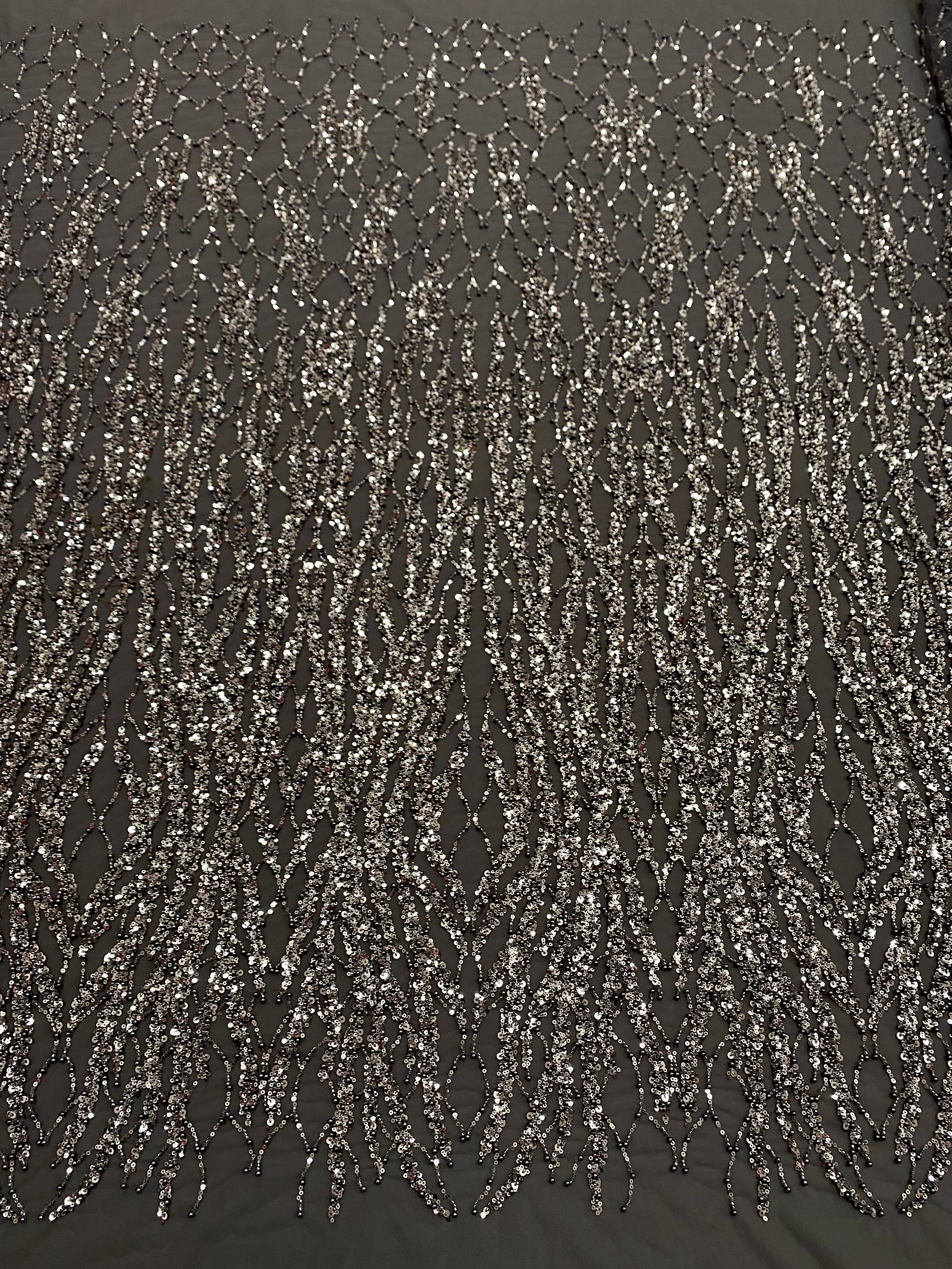 Silver Lace with Linear Pattern, with Pearls and Sequins