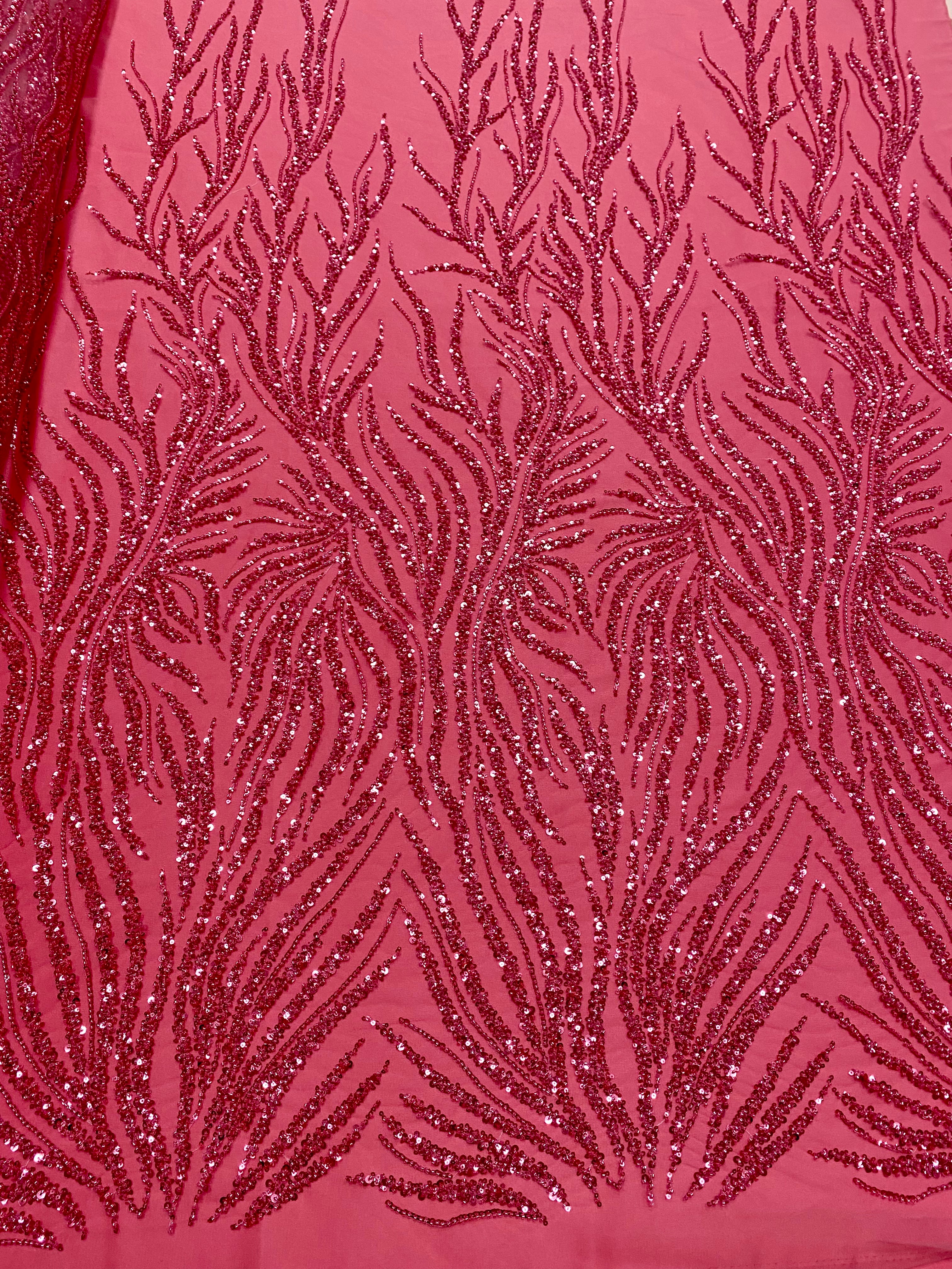 Dantela Couture Roz Coral cu Siraguri, cu Margele si Paiete