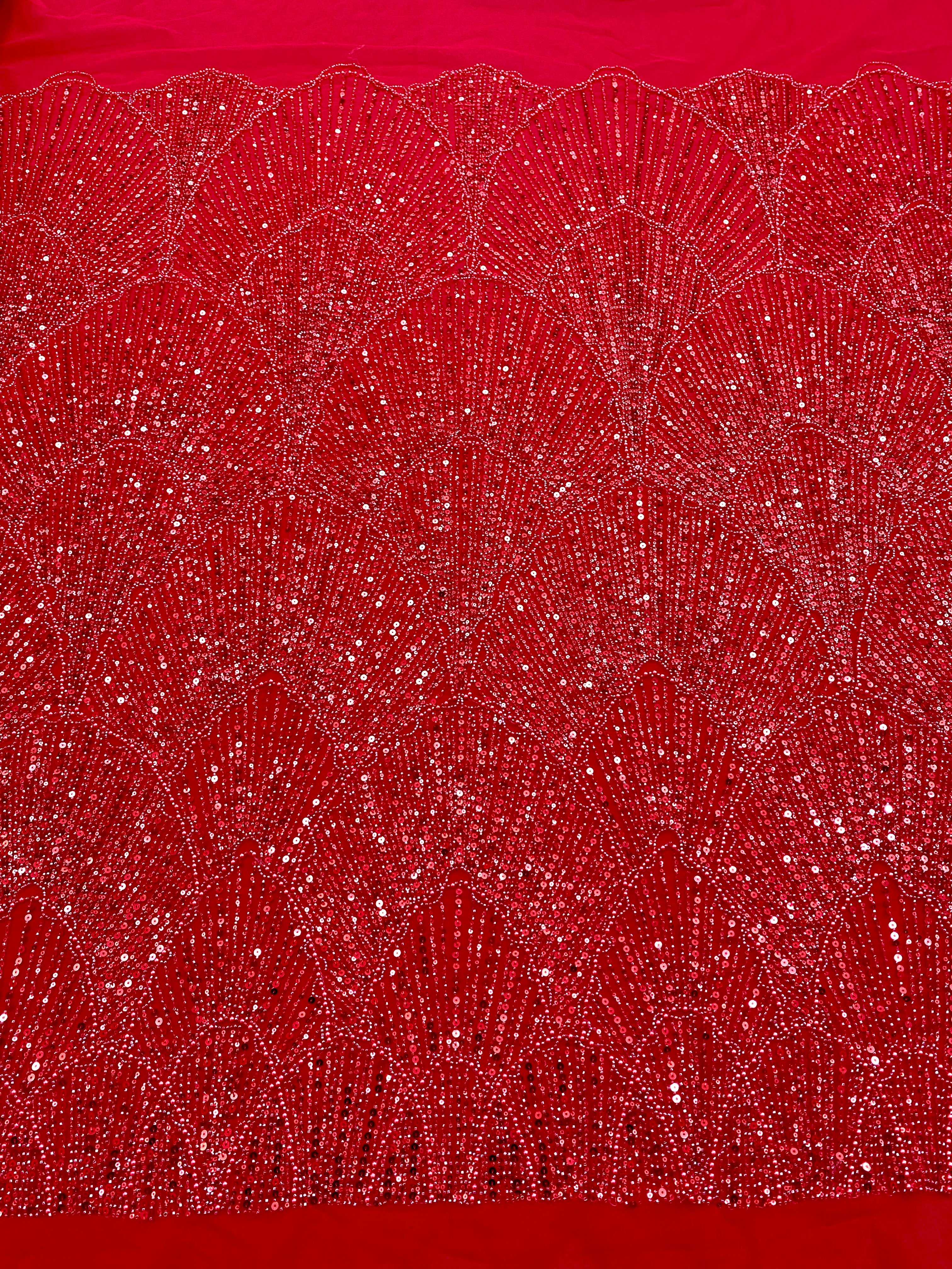 Red Couture Lace with Geometric Pattern, with Pearls, Beads and Sequins