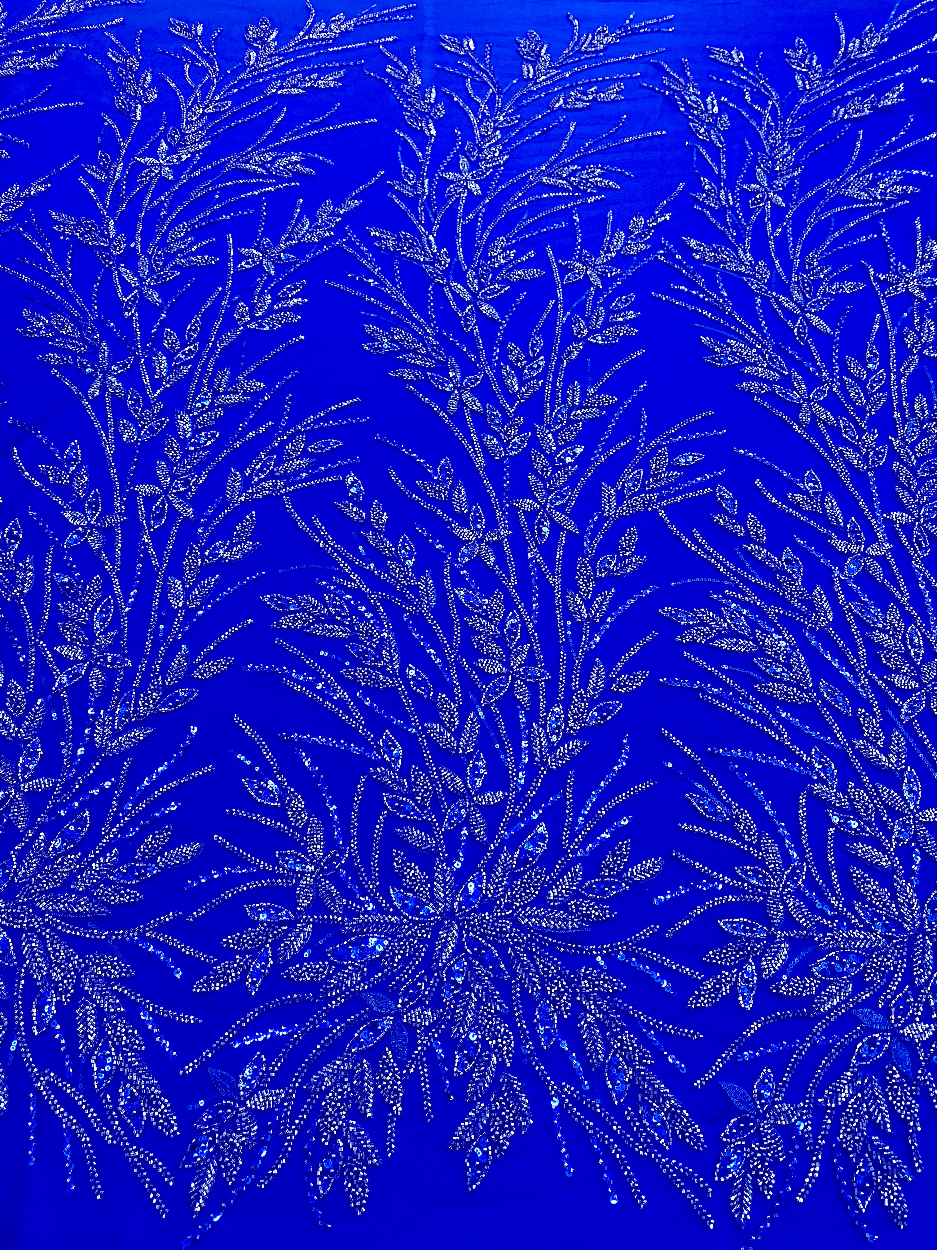 Royal Blue Couture Lace with Floral Pattern, Pearls, Beads and Sequins 