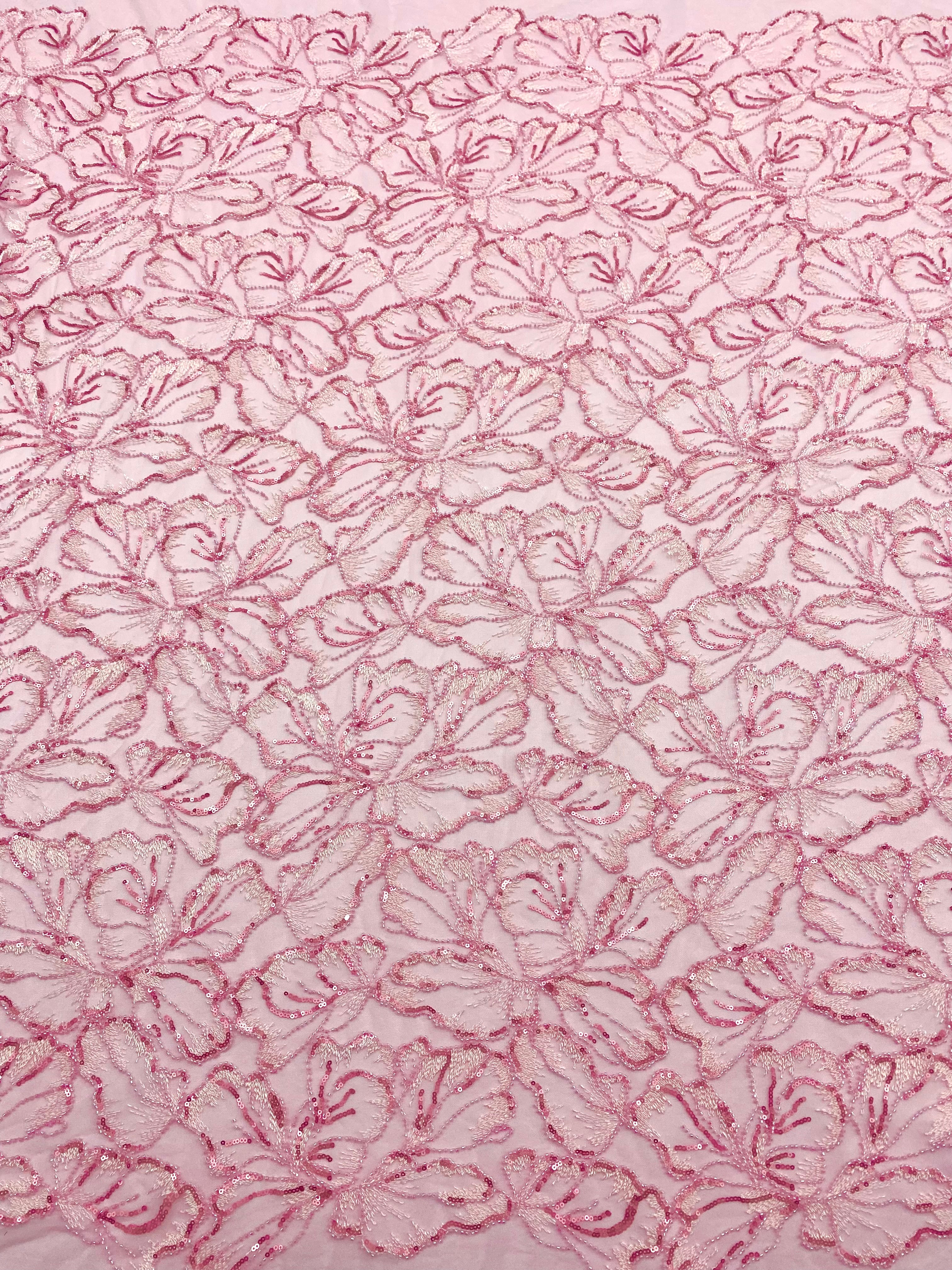 Pink Couture Lace with Floral Pattern, with Beads and Sequins