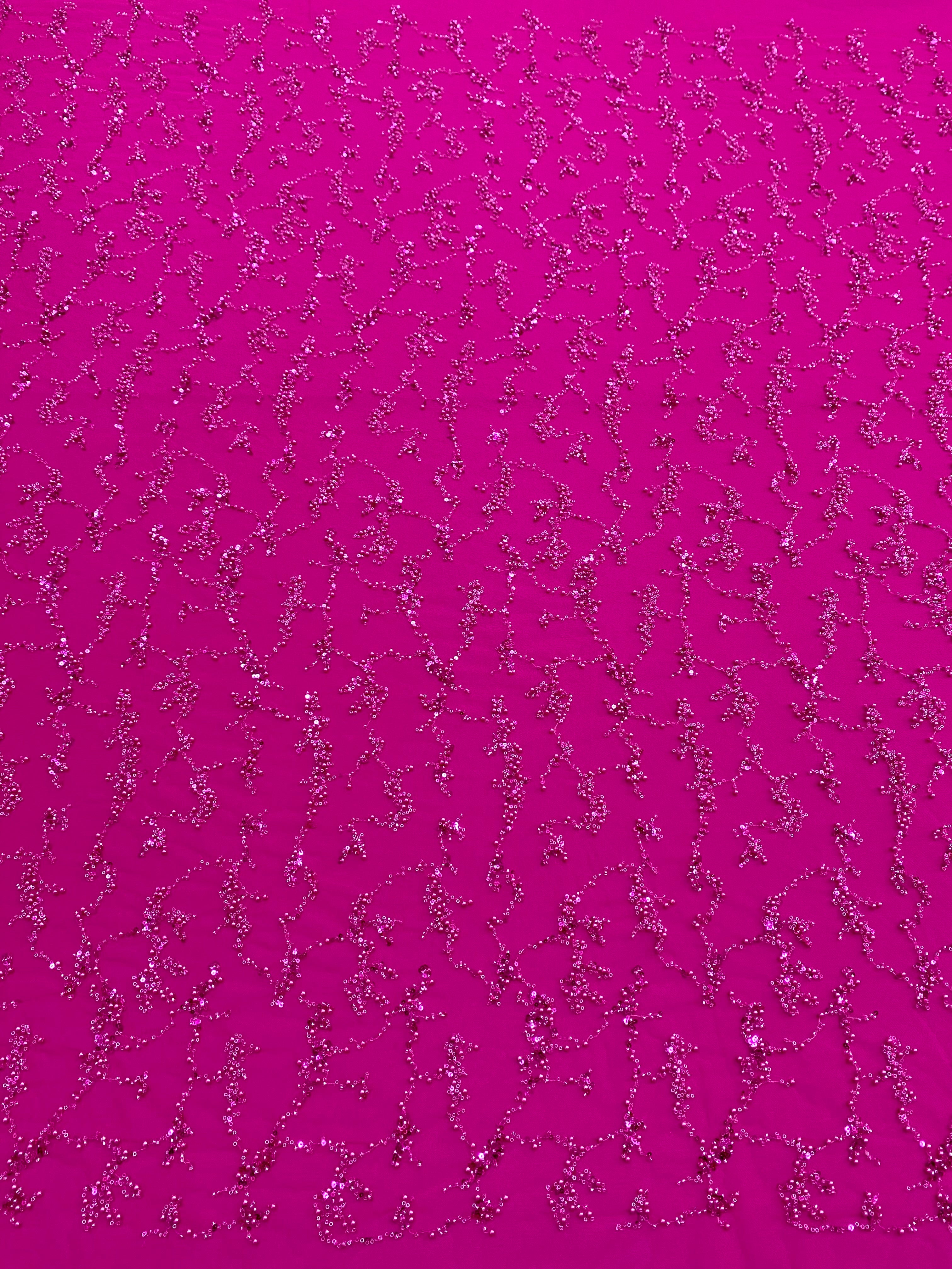 Dantela Couture Fucsia cu Perle, Margele si Paiete