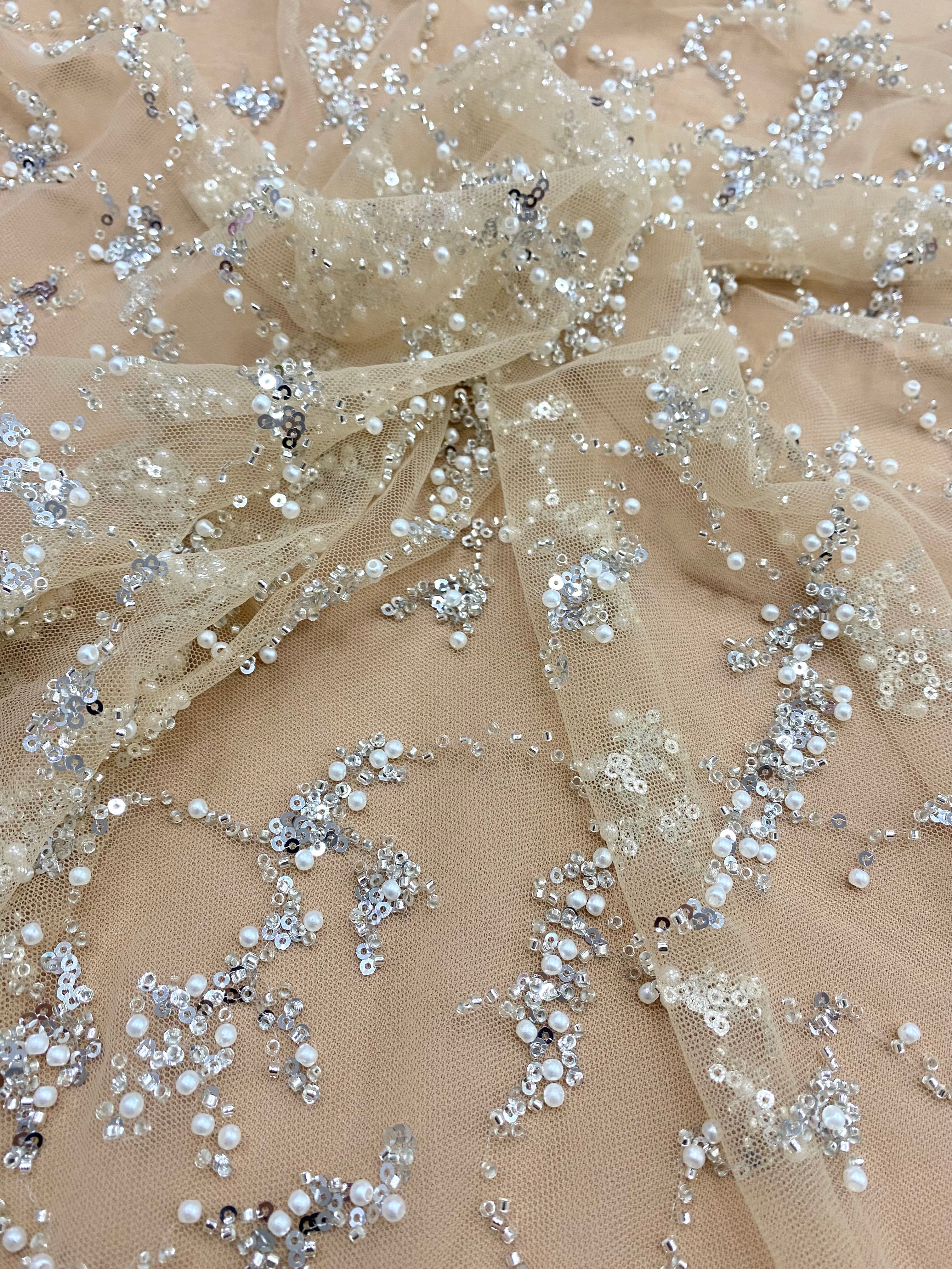 Silver Couture Lace on Nude Tulle, with Pearls, Beads and Sequins