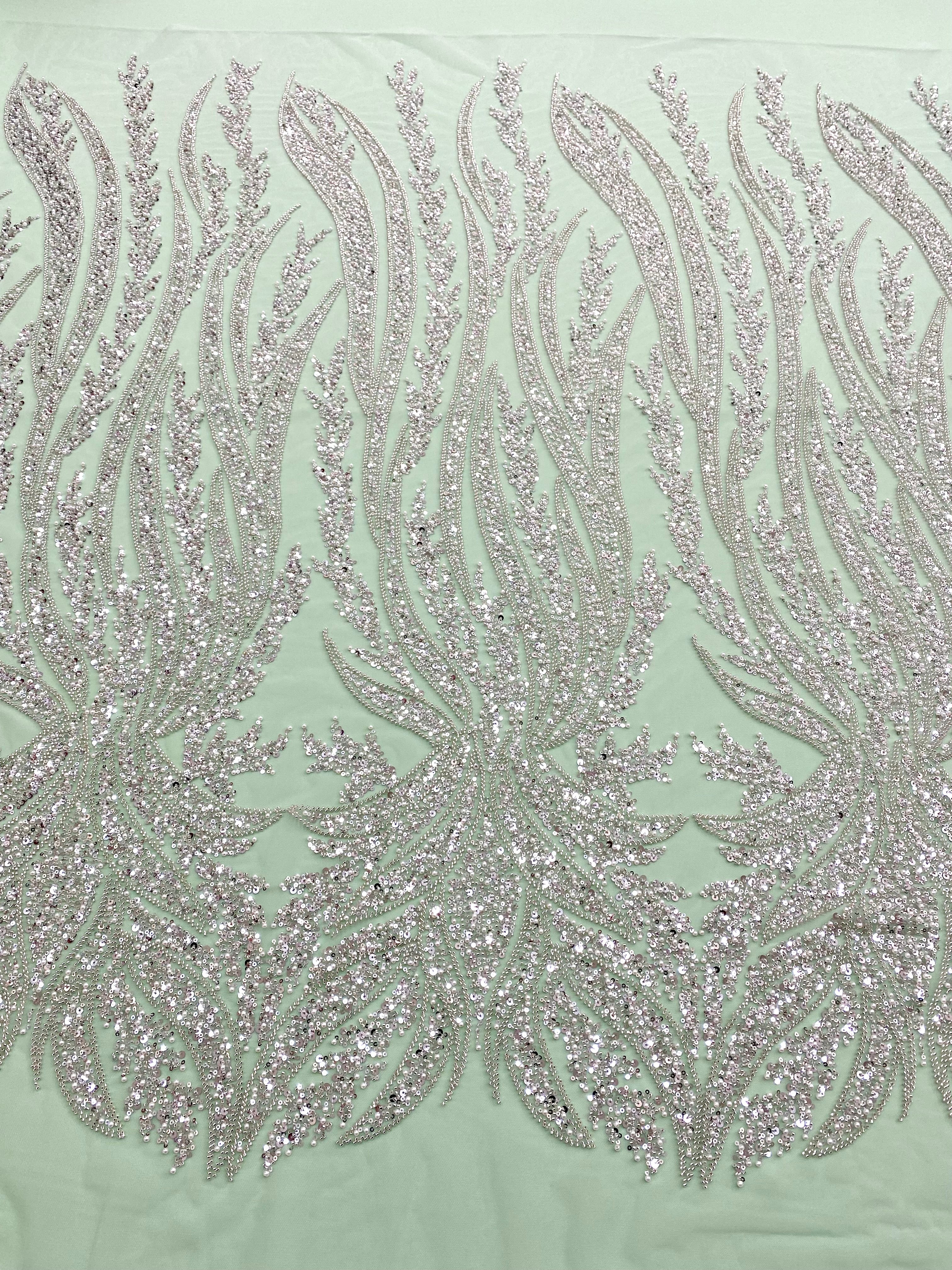 Silver Couture Lace on Mint Green Tulle with Panel, with Pearls, Beads and Sequins