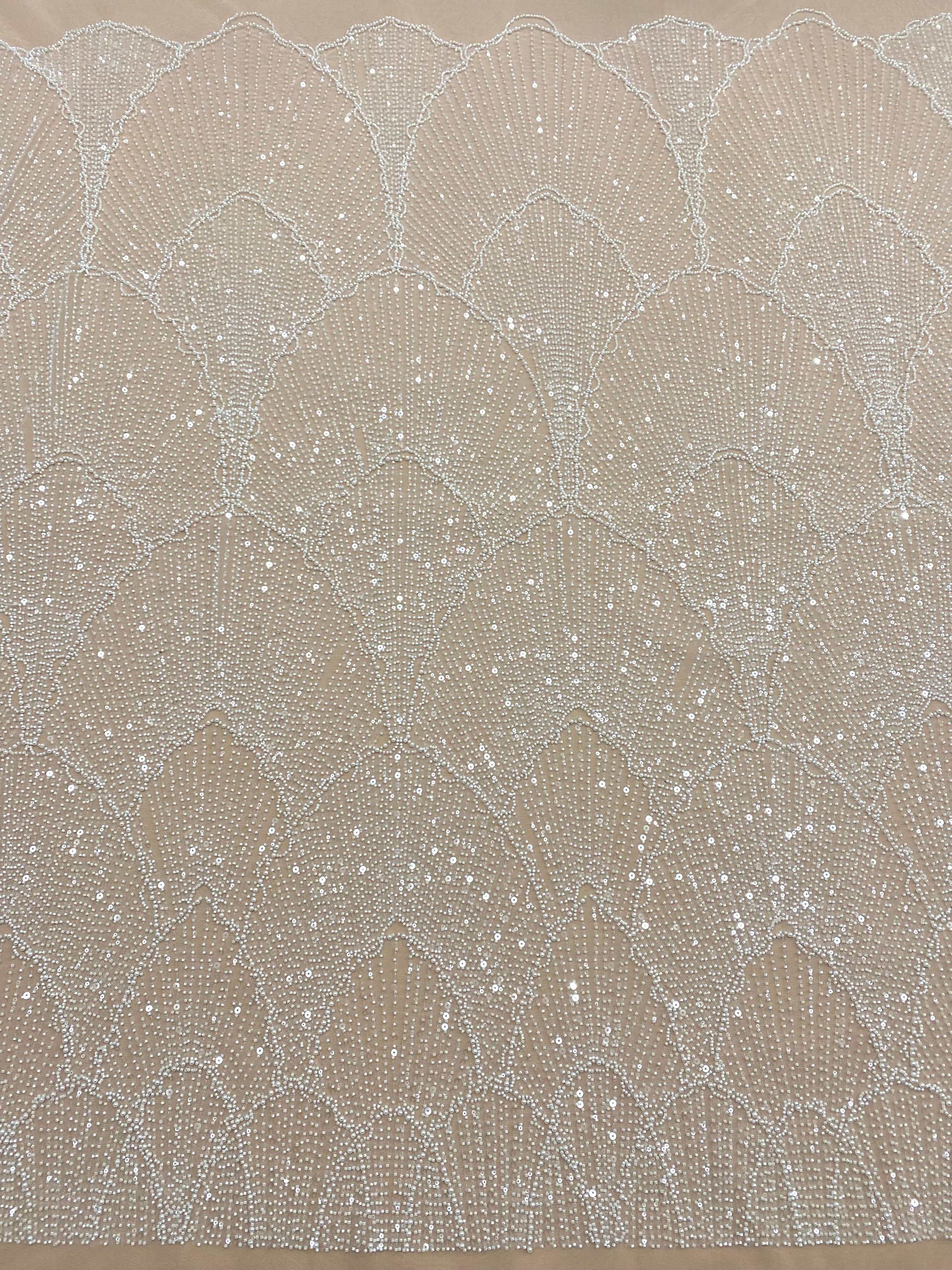 Dantela Couture Ivory cu Model Geometric, cu Perle, Margele si Paiete