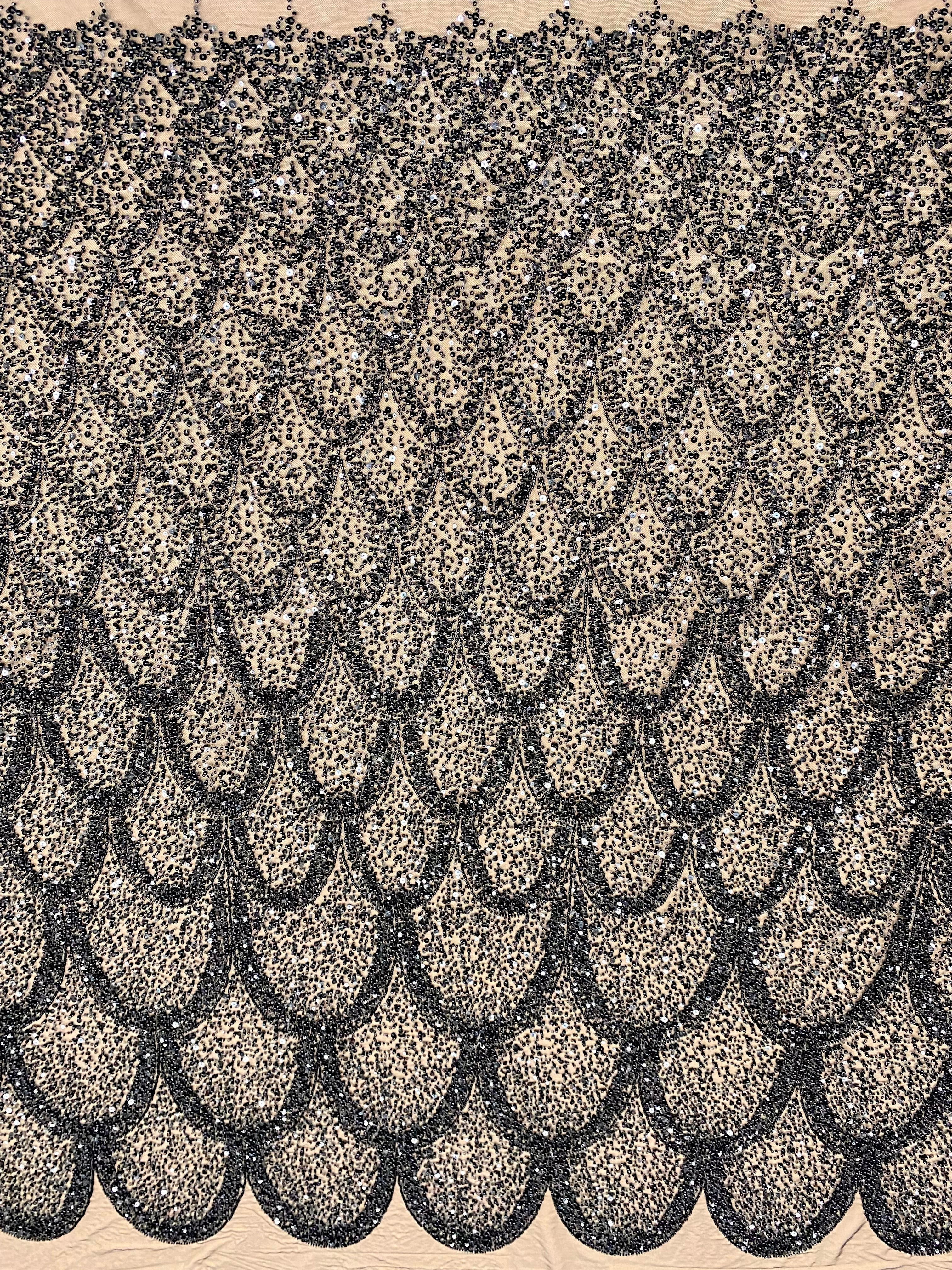 Black Couture Lace with Geometric Pattern, with Pearls, Beads and Sequins