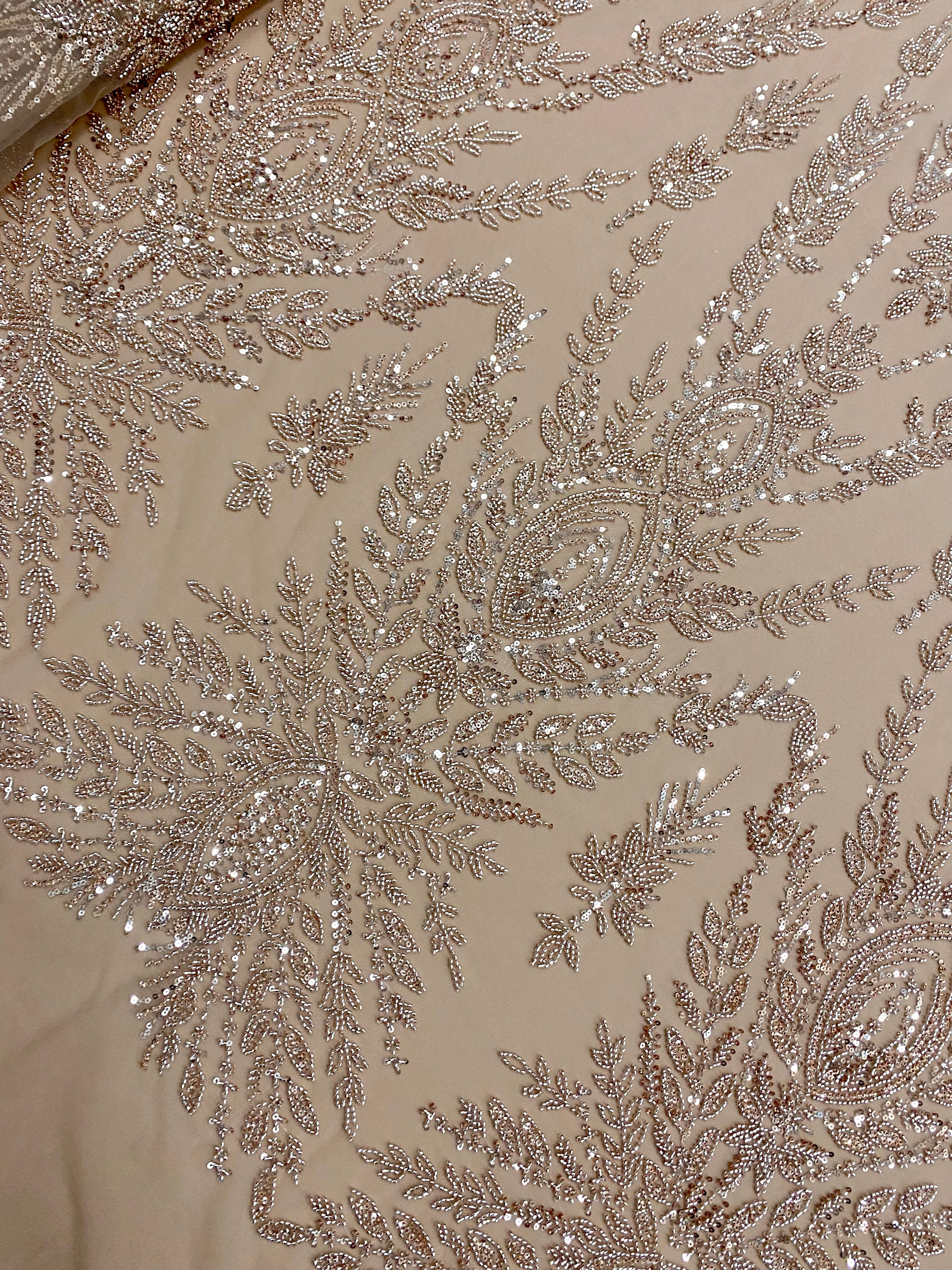 Rose Gold Couture Lace with Symmetrical Pattern, with Beads and Sequins 