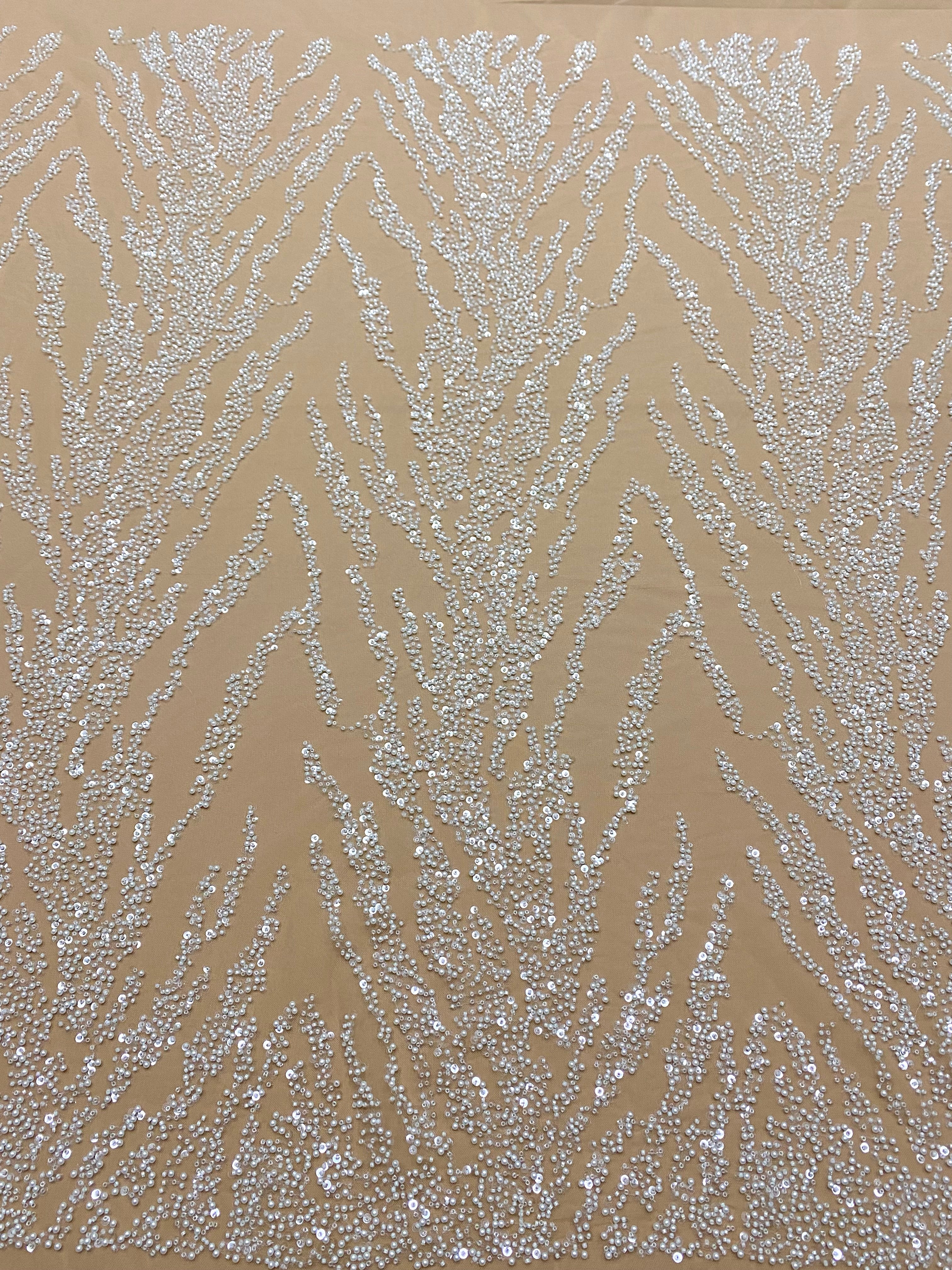 Silver Lace with Nude Tulle with Linear Pattern, Beads and Sequins