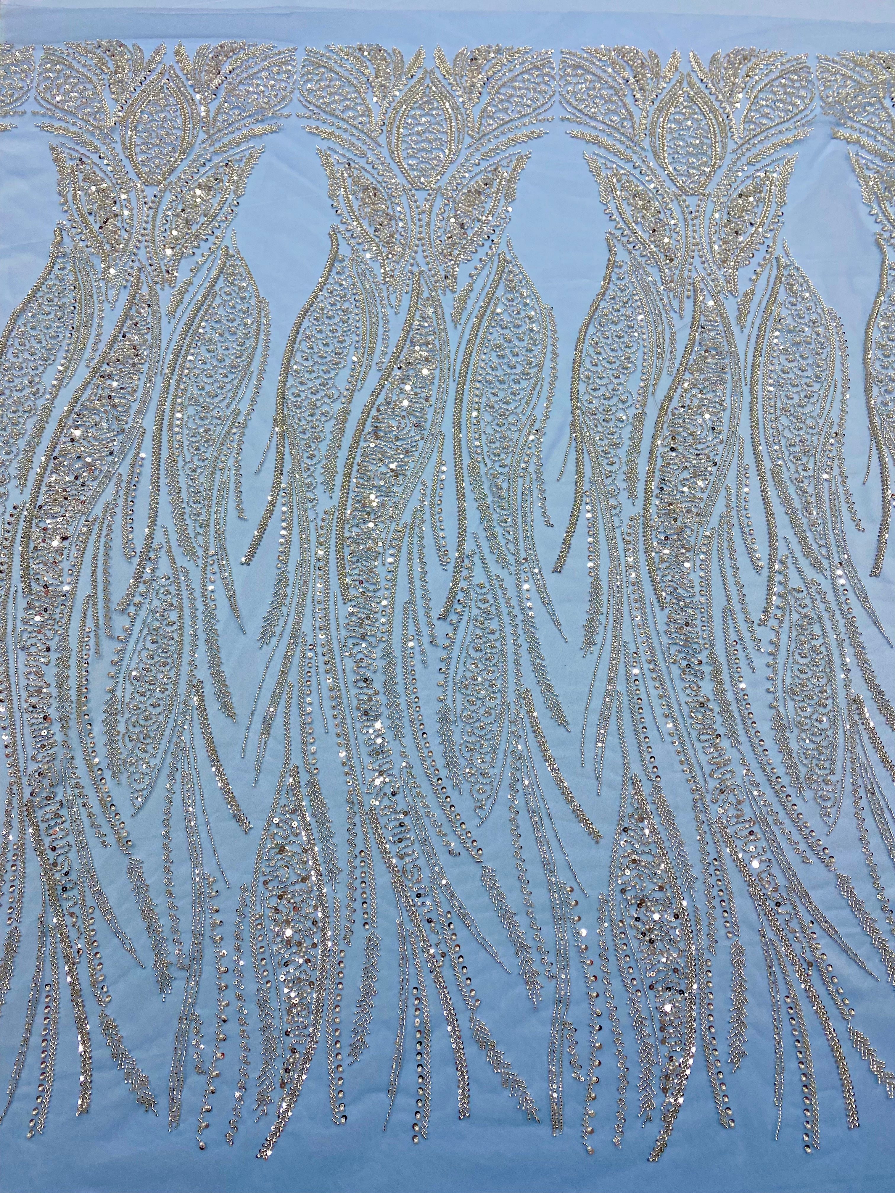 Silver Lace with Linear Pattern, with Pearls and Sequins