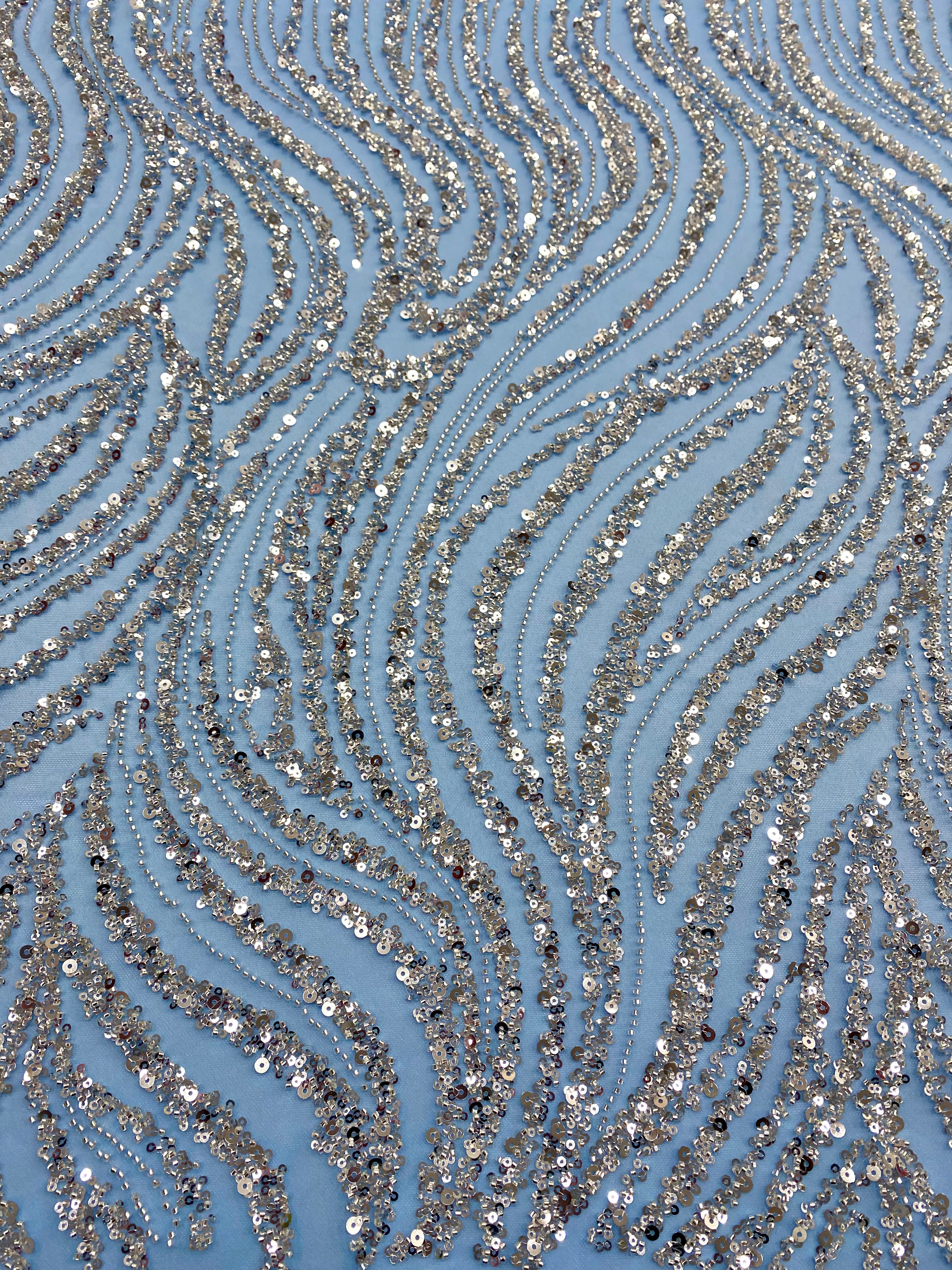 Silver Lace with Linear Pattern, with Pearls and Sequins