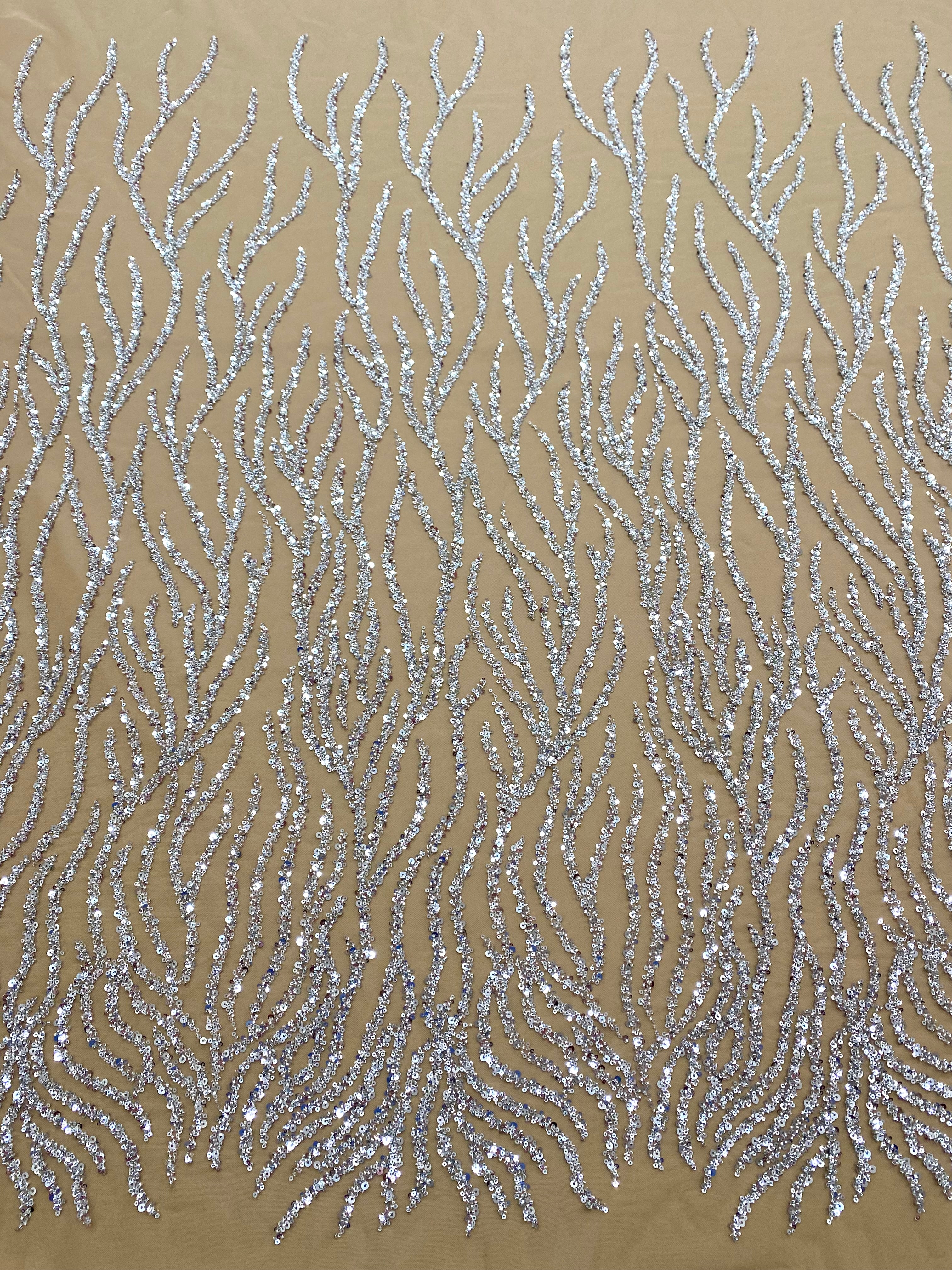 Silver Couture Lace on Nude Tulle with Strings, Beads and Sequins