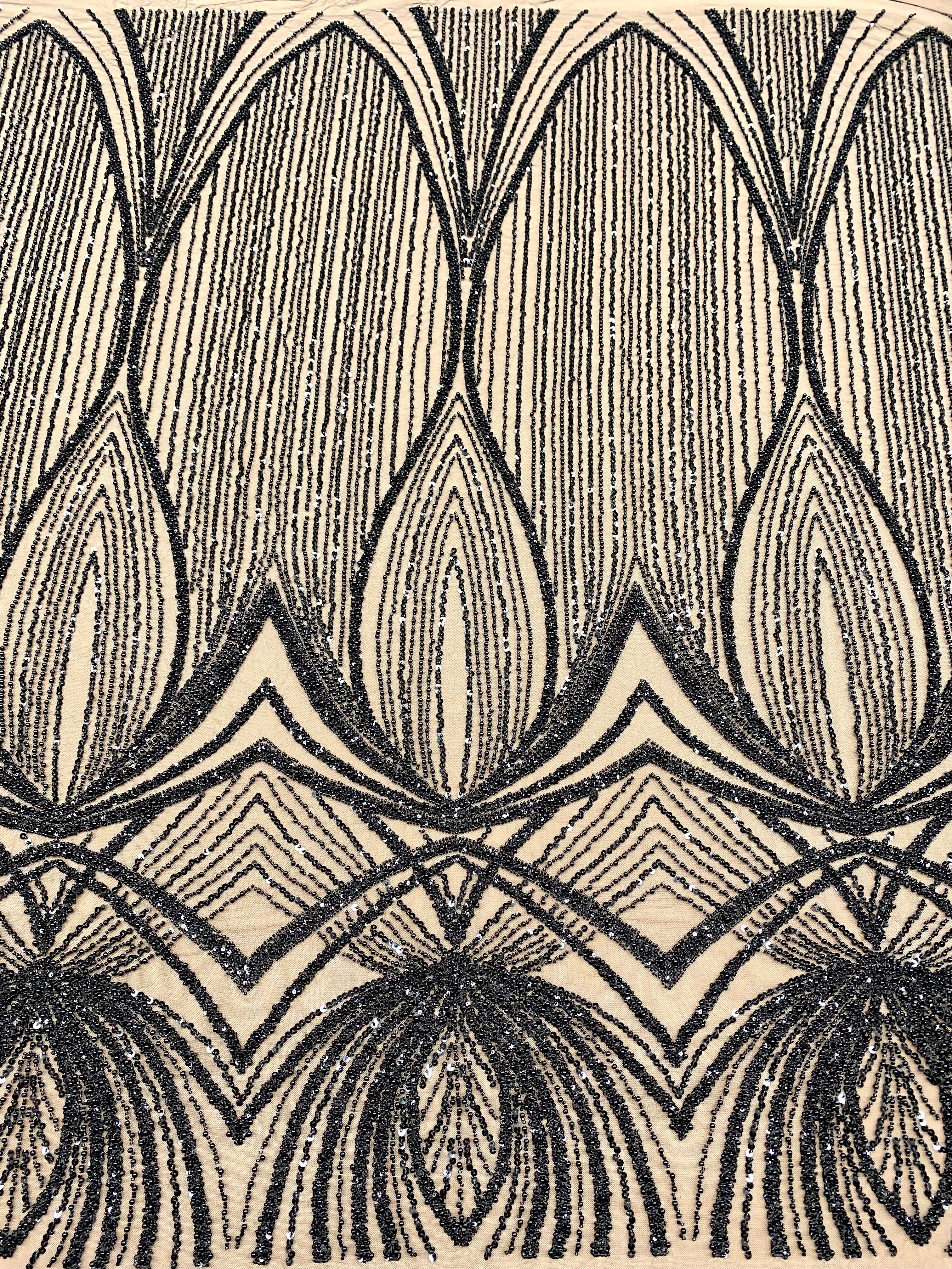 Black Couture Lace with Geometric Pattern, with Pearls, Beads and Sequins