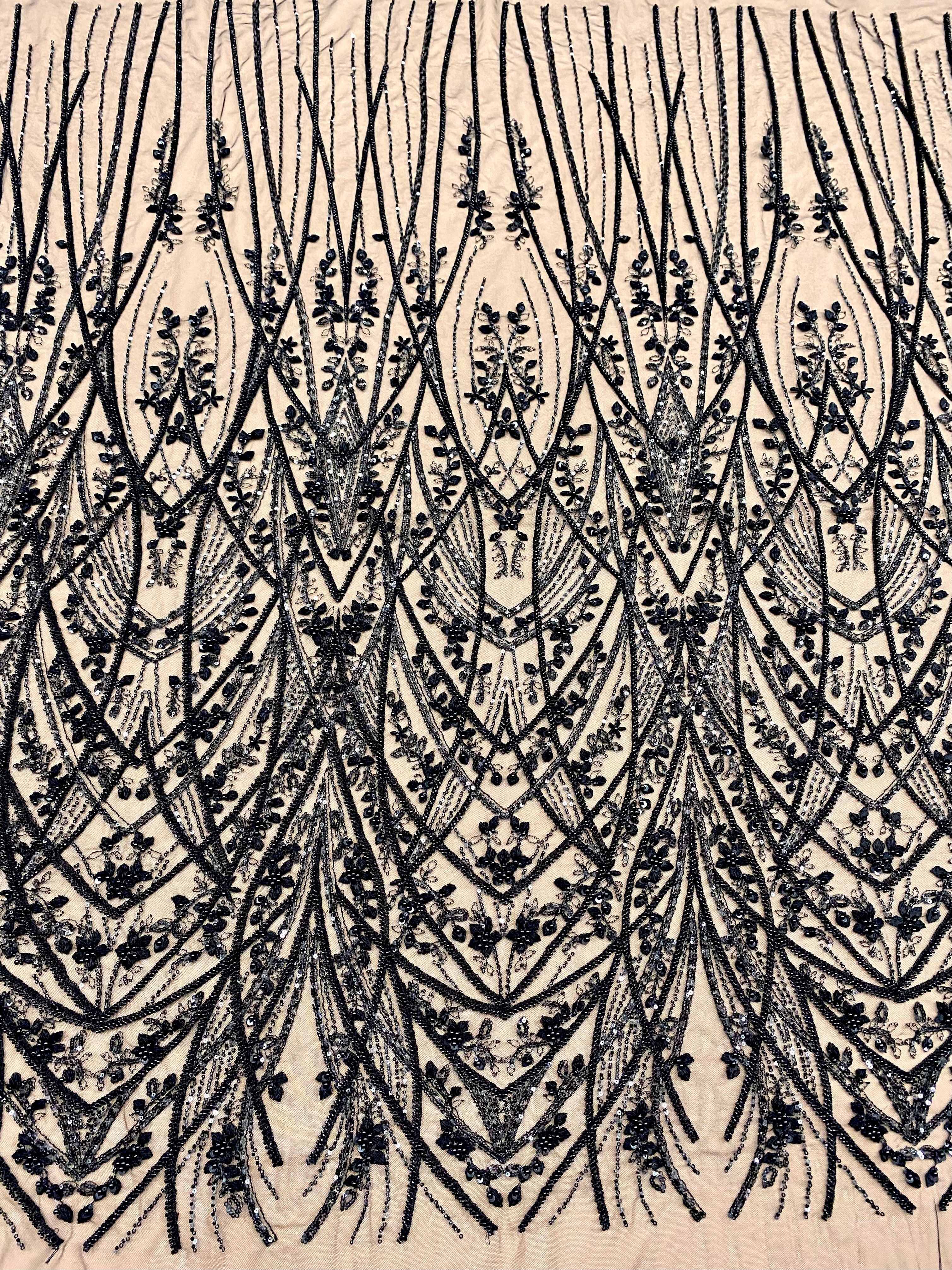 Black Couture Lace with Geometric Pattern, with Pearls, Beads and Sequins