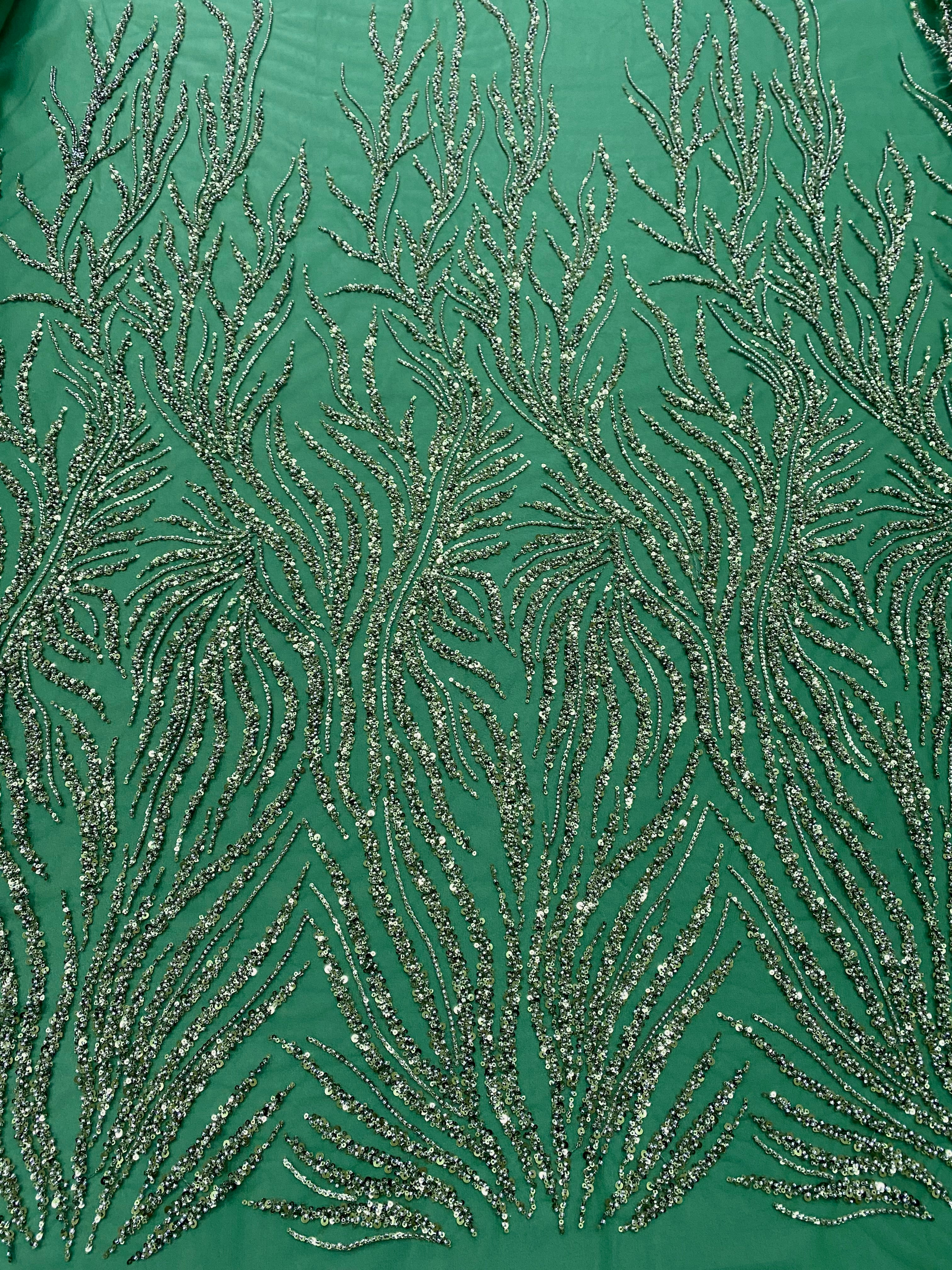 Turquoise Lace with Linear Pattern, with Beads and Sequins